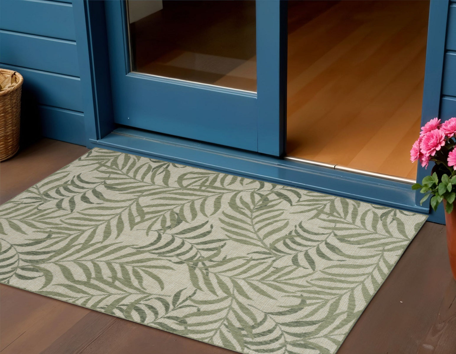 3 X 5 Ivory And Green Palm Leaf Indoor Outdoor Area Rug