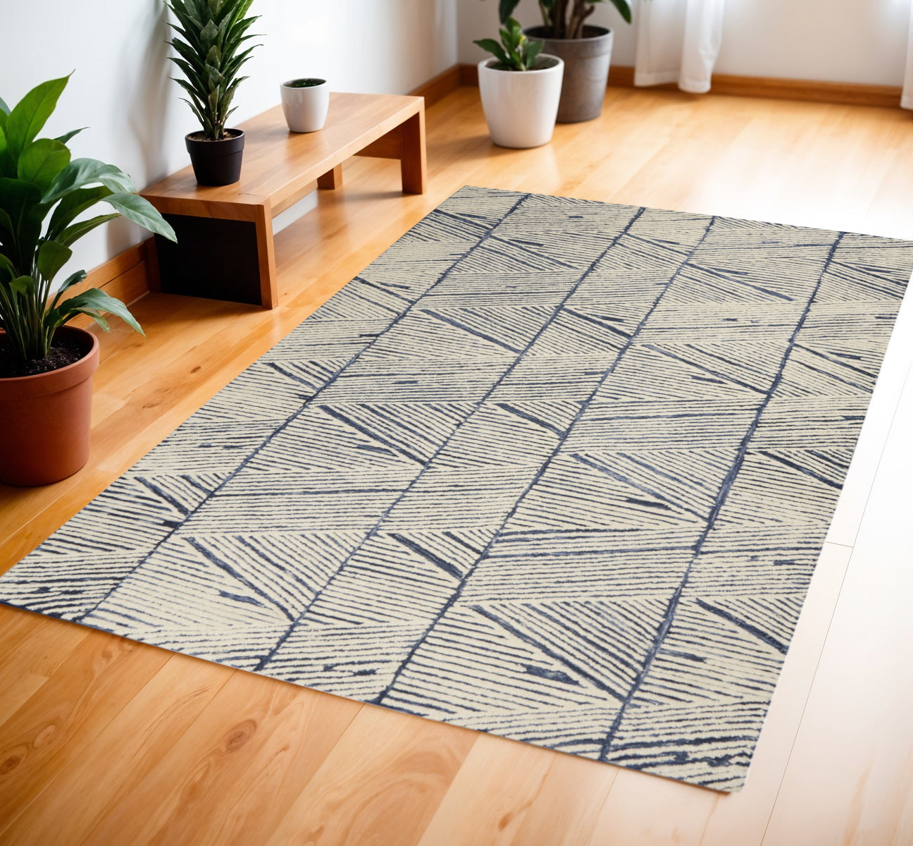 4' X 6' Blue and White Wool Abstract Area Rug