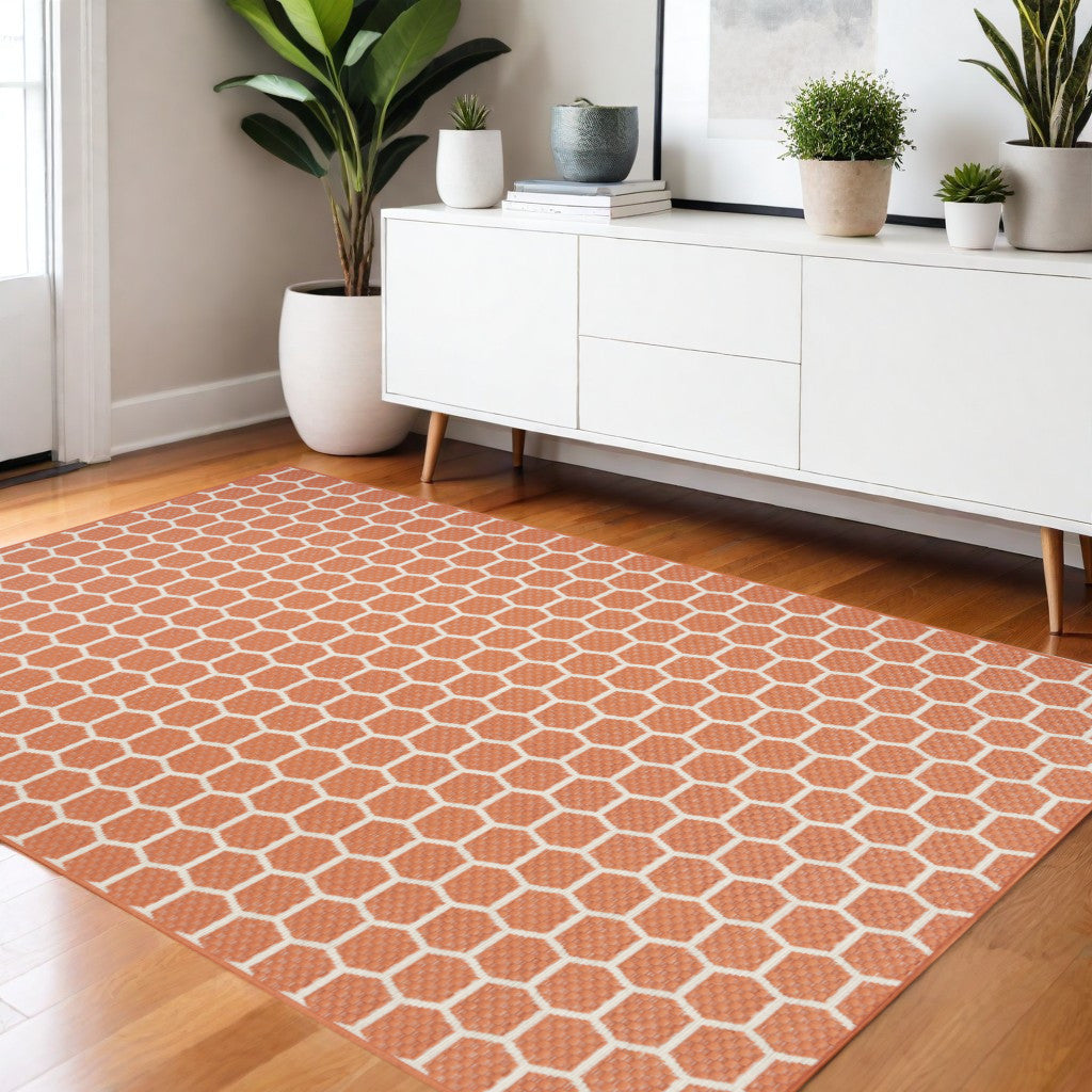 4 X 6 Coral And Ivory Geometric Indoor Outdoor Area Rug