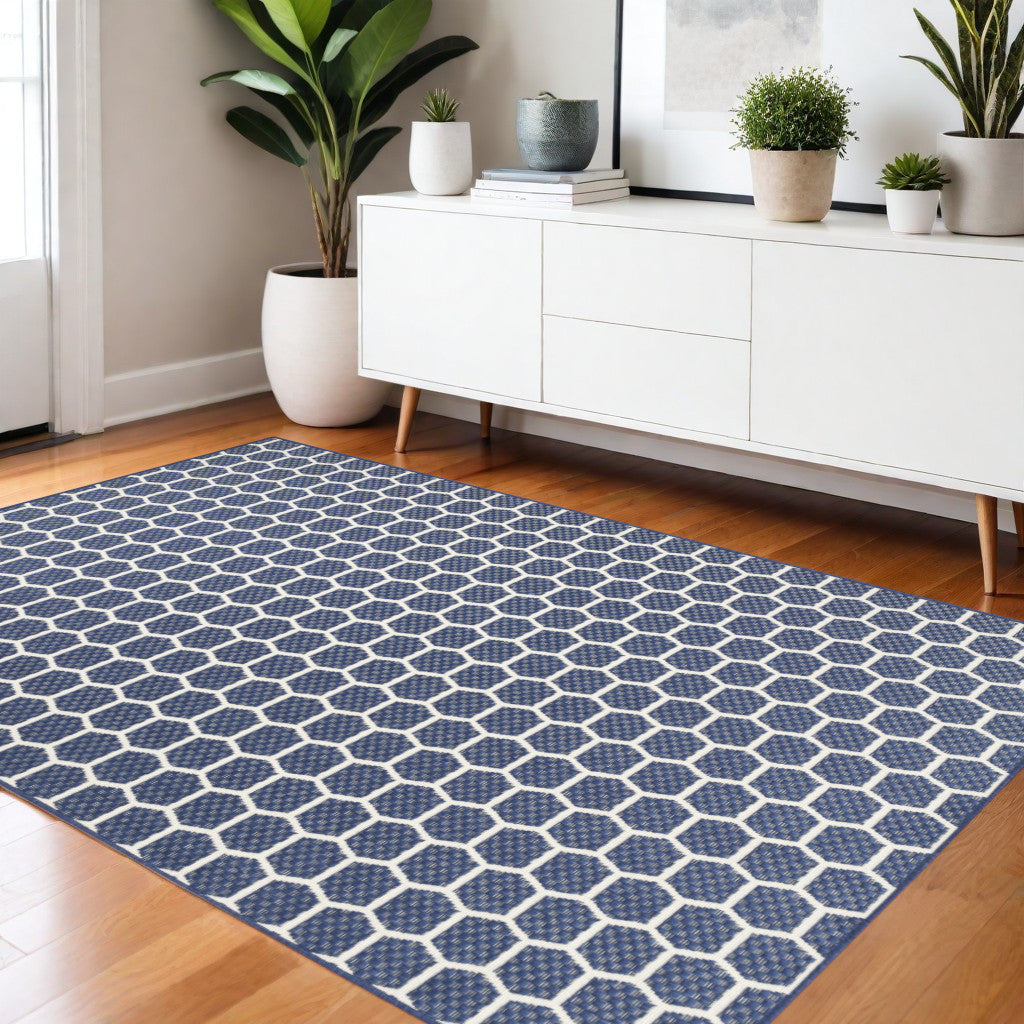4 X 6 Navy Blue And Ivory Geometric Indoor Outdoor Area Rug