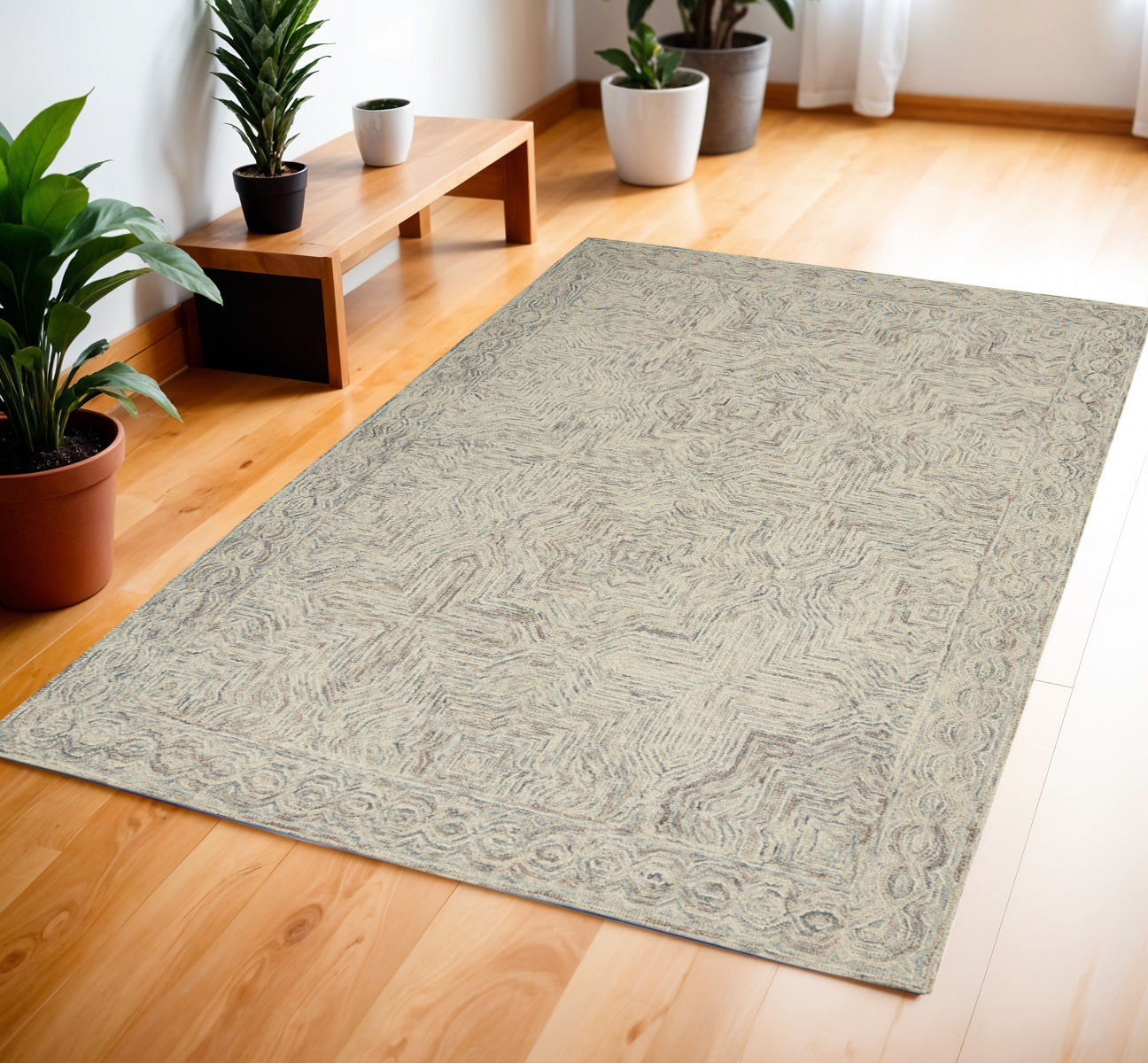 4' X 6' Ivory and Blue Wool Geometric Area Rug