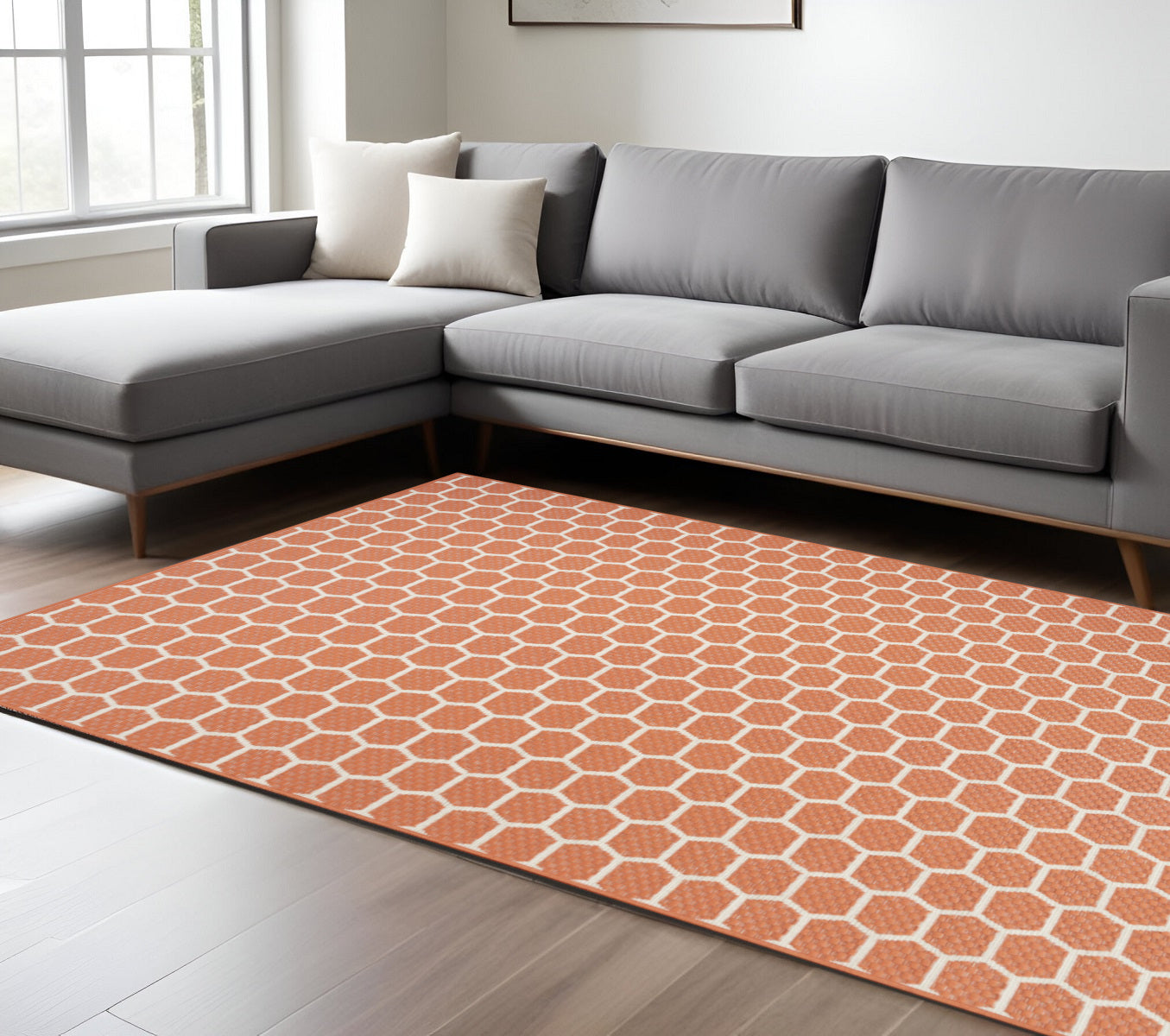 6 X 9 Coral And Ivory Geometric Indoor Outdoor Area Rug
