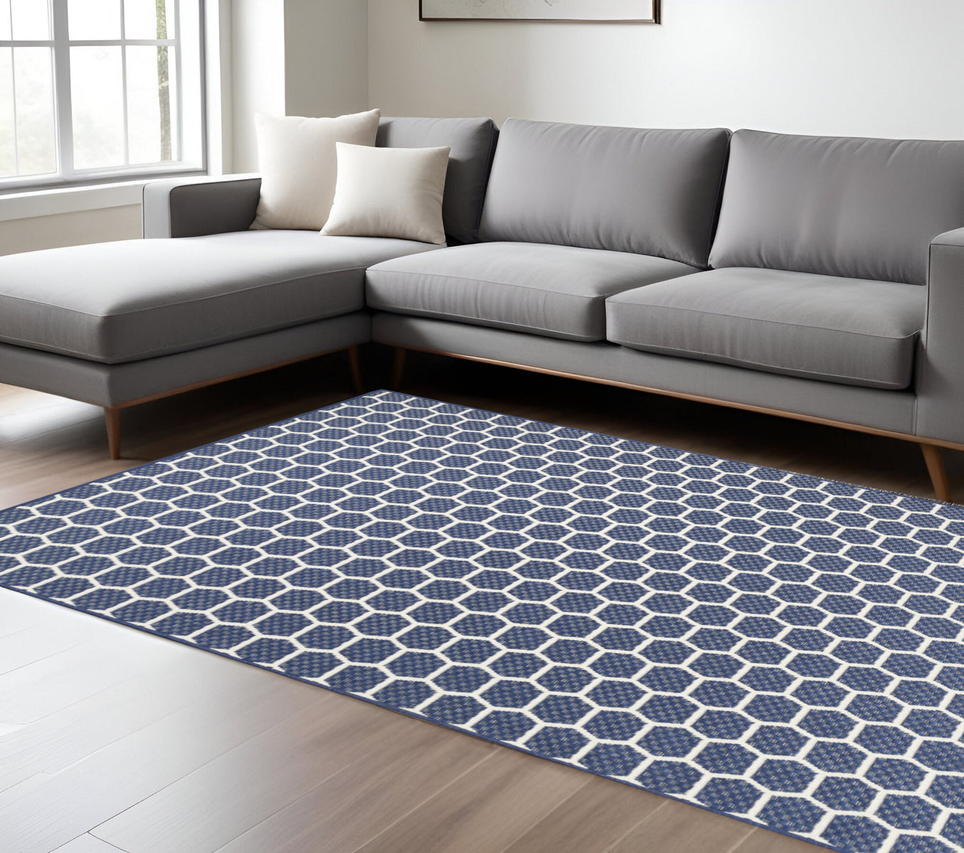 6 X 9 Navy Blue And Ivory Geometric Indoor Outdoor Area Rug