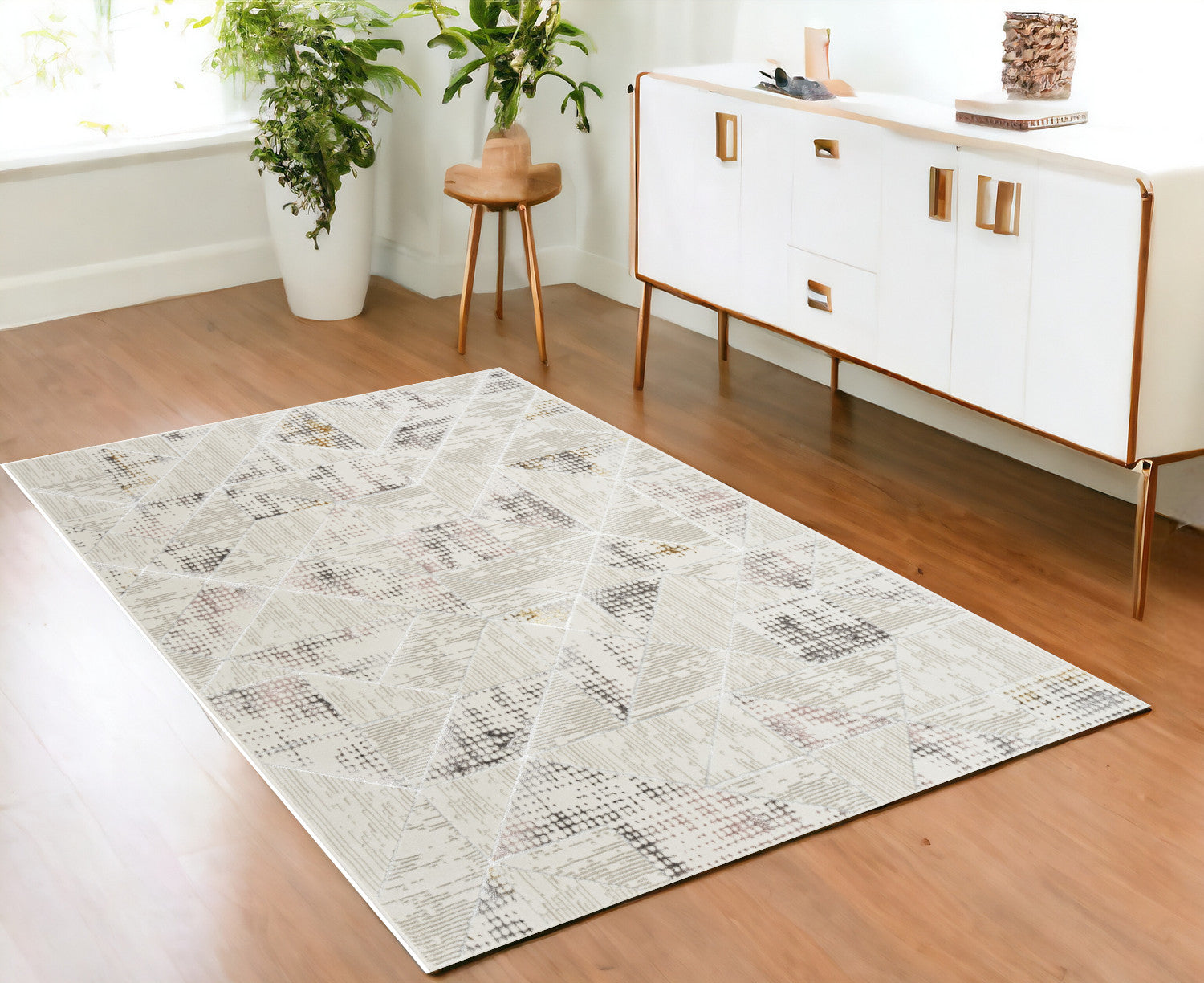4' X 6' Beige Ivory and Gray Abstract Non Skid Area Rug