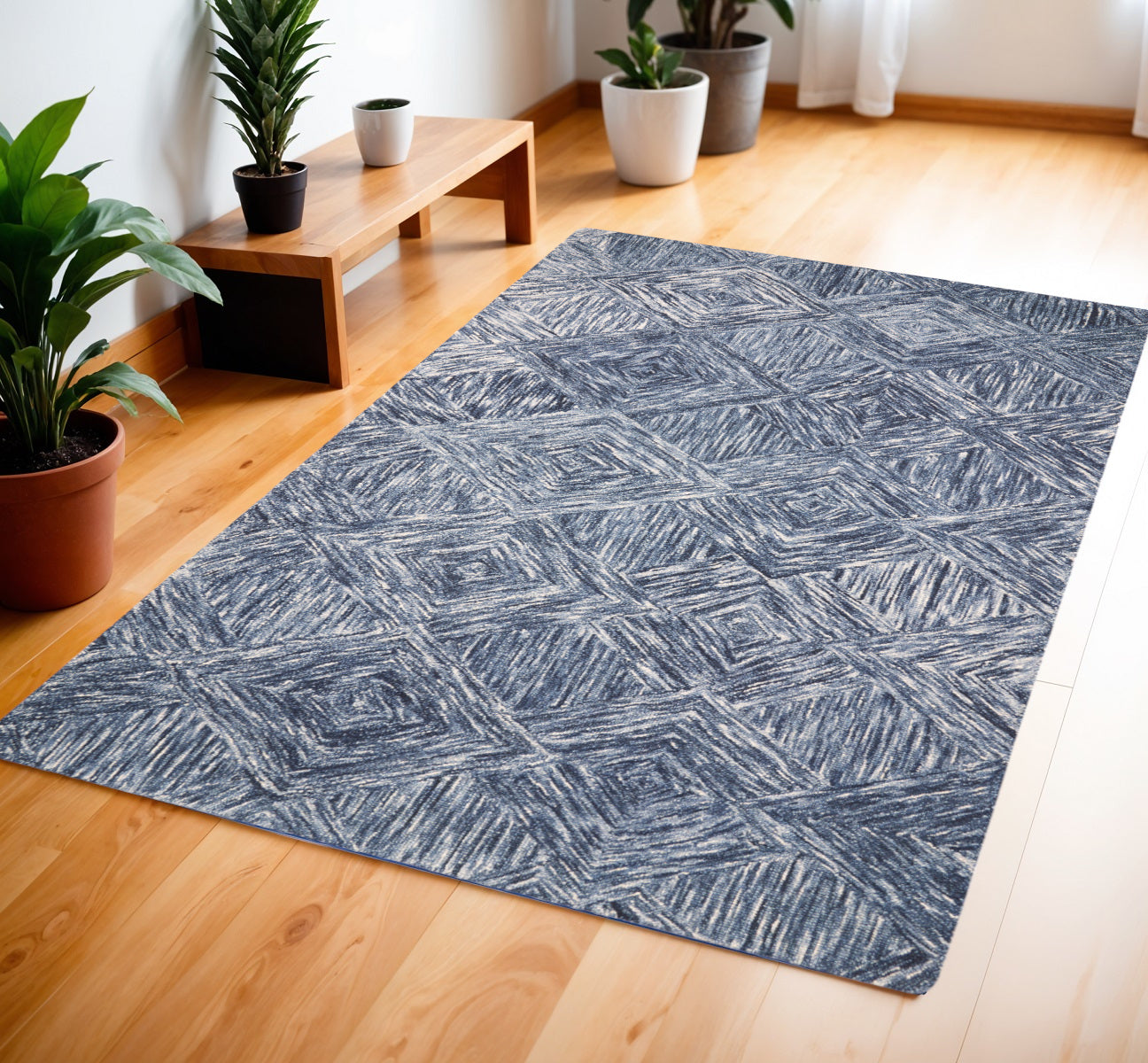 4' X 6' Denim Blue and Ivory Wool Geometric Area Rug