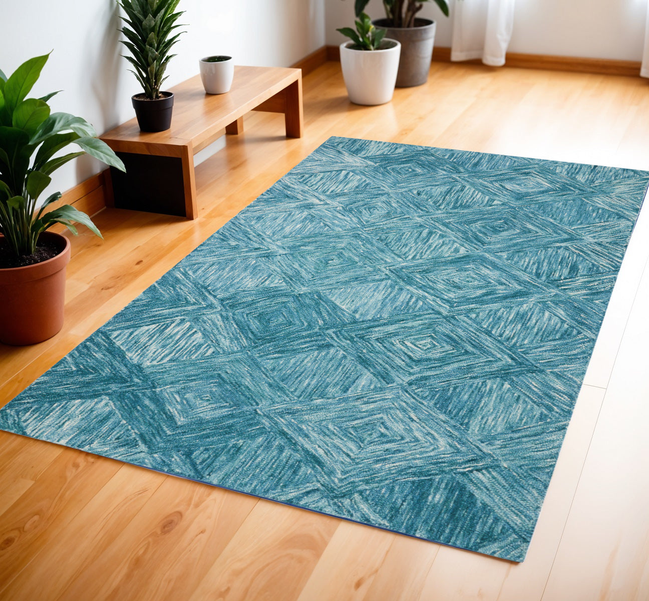 4' X 6' Blue and Ivory Wool Geometric Area Rug