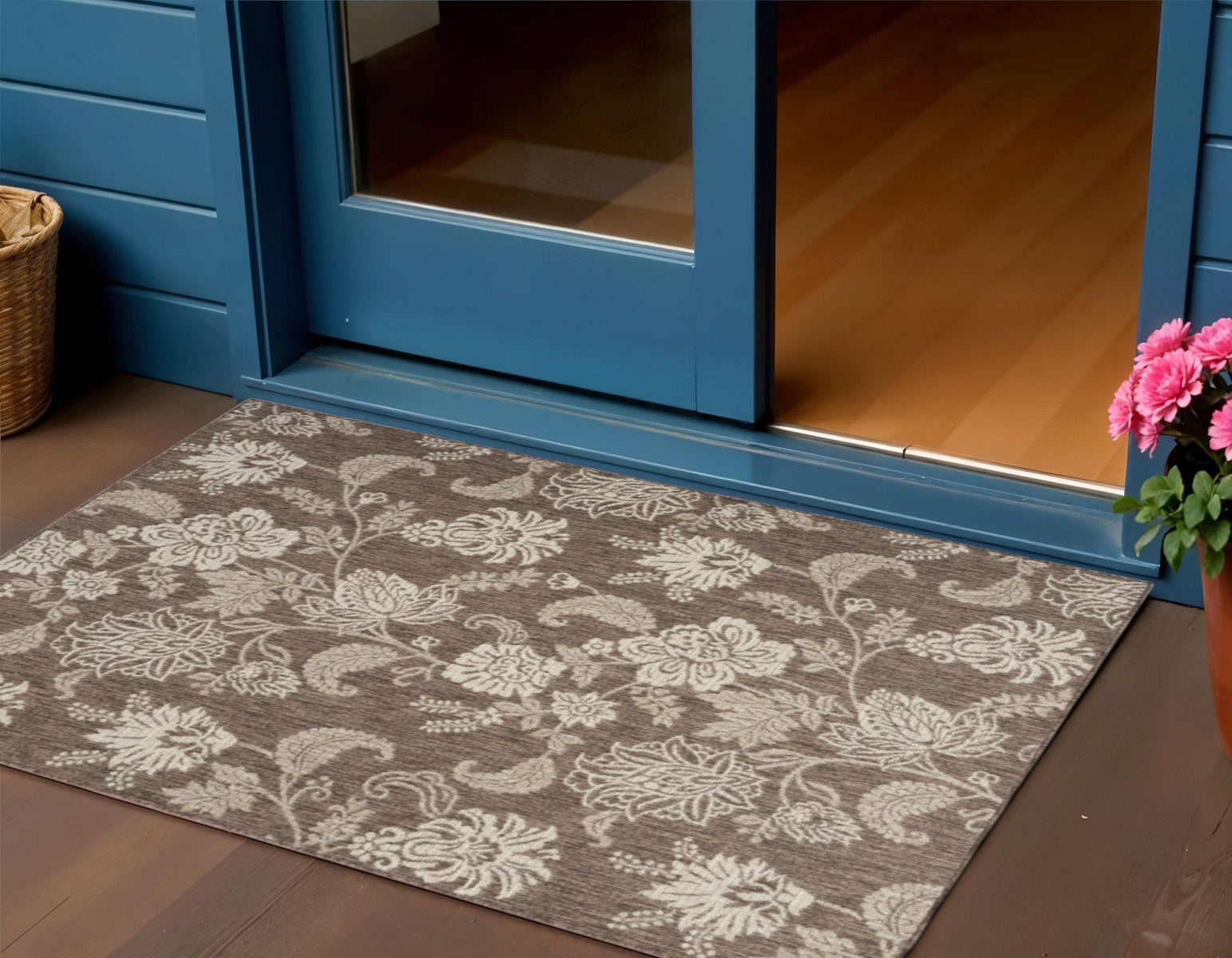 3 X 5 Brown And Ivory Floral Indoor Outdoor Area Rug