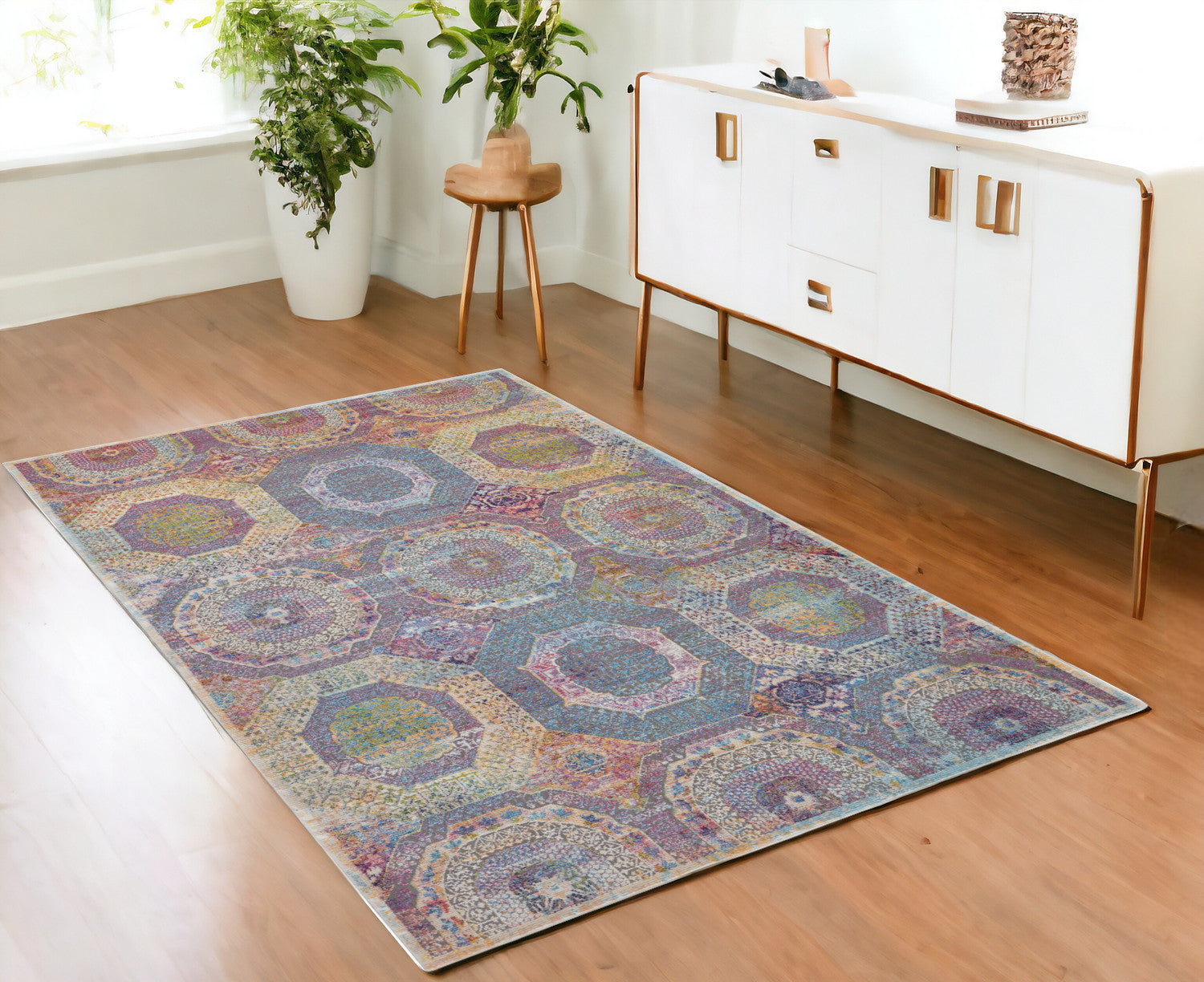 4' X 6' Blue Red and Orange Geometric Non Skid Area Rug