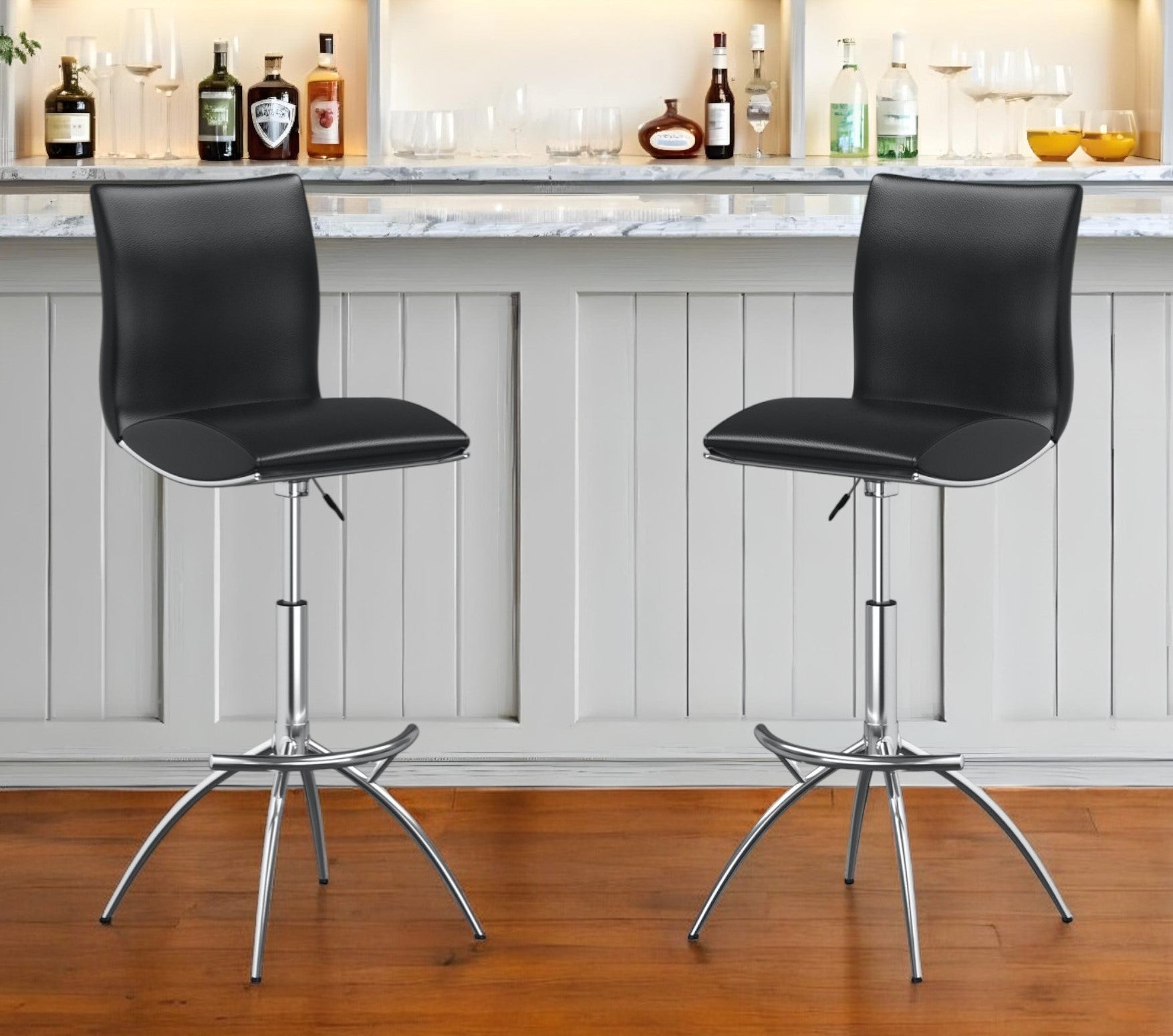 Set of Two Black and Silver Faux Leather and Metal Low Back Adjustable Height Bar Chairs