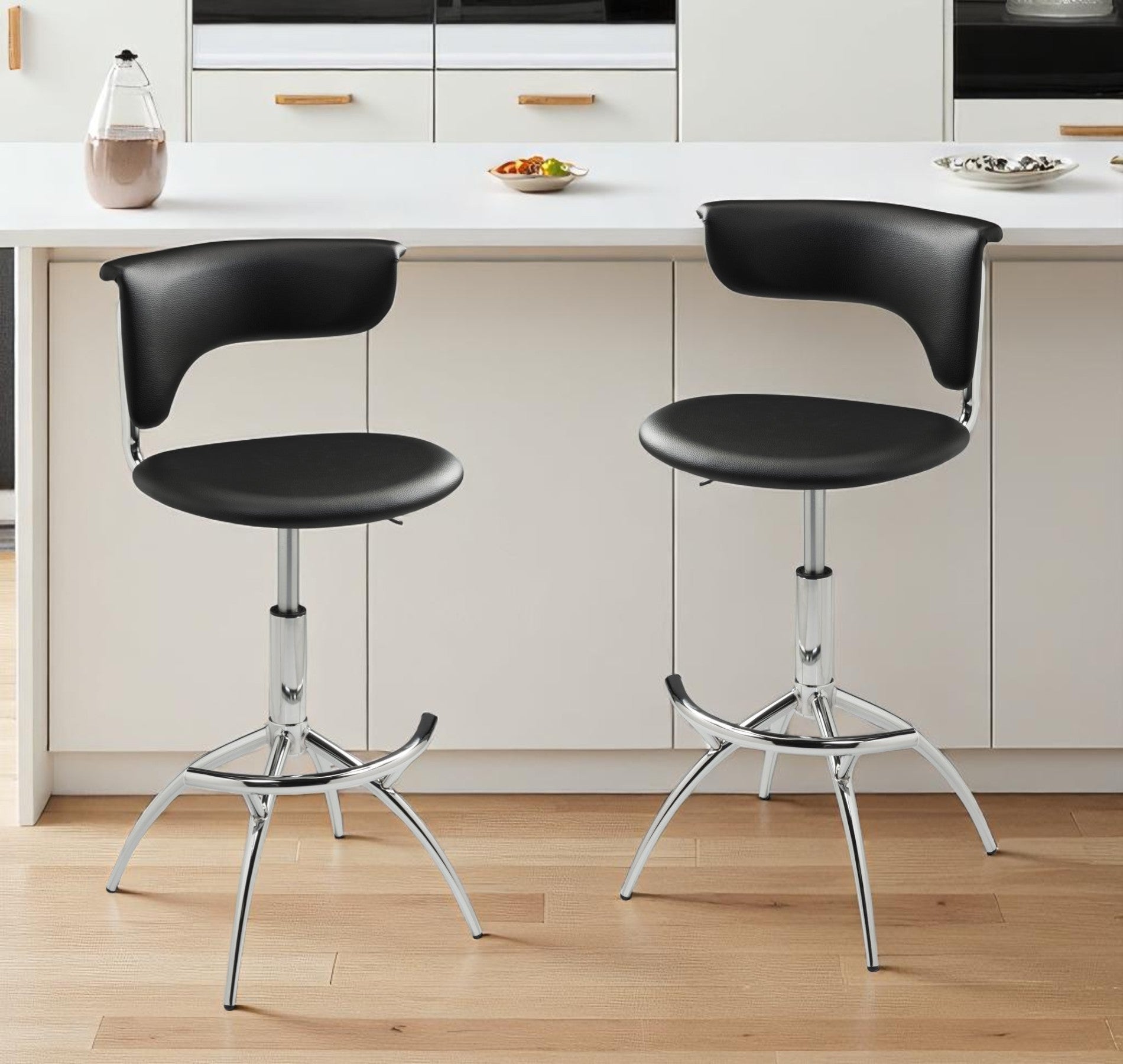 Set of Two Black and Silver Metal and Faux Leather Low Back Adjustable Height Bar Chairs