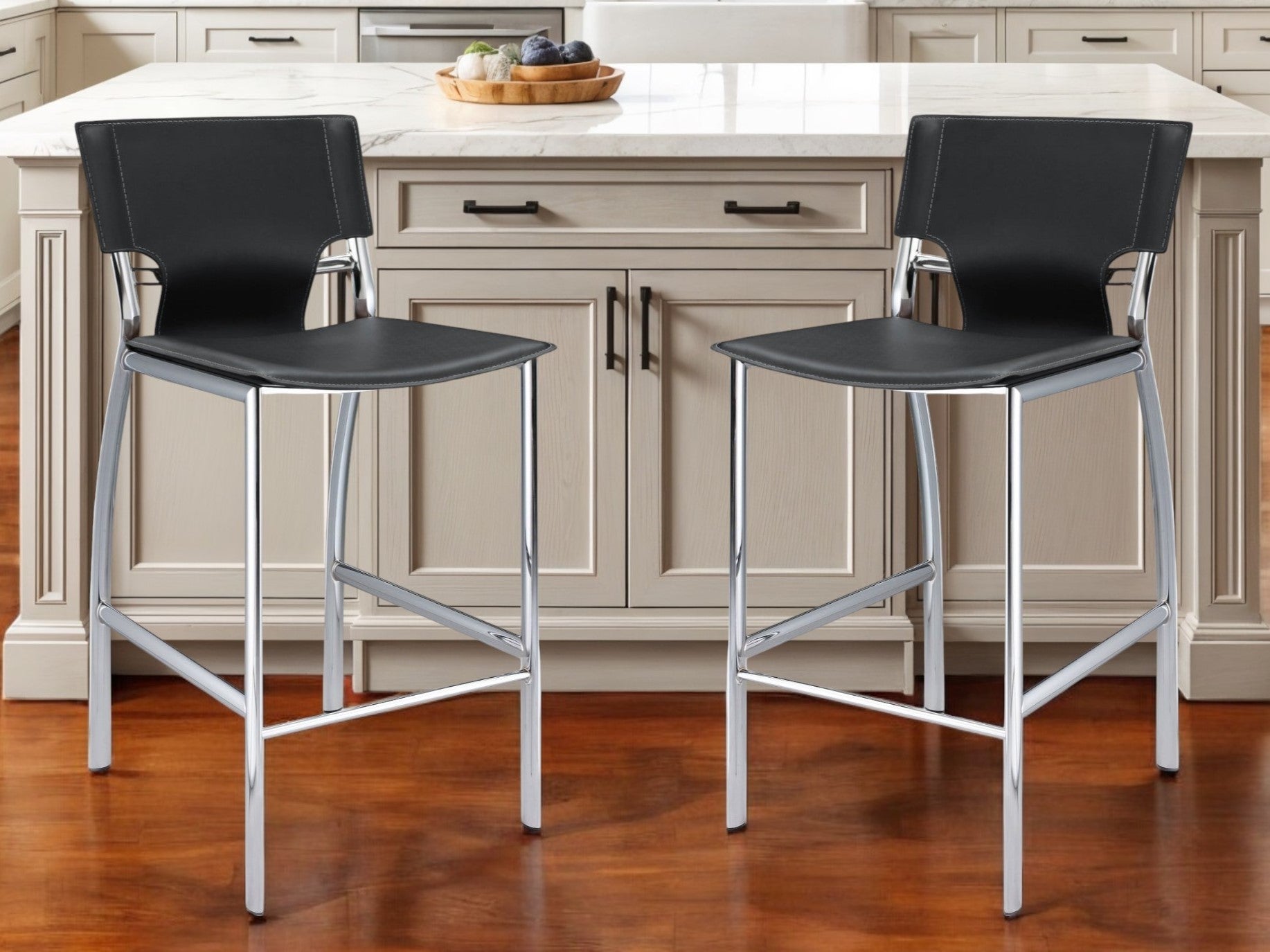 Set of Two Black and Silver Faux Leather and Metal Low Back Adjustable Height Bar Chairs - Thumbnail 2