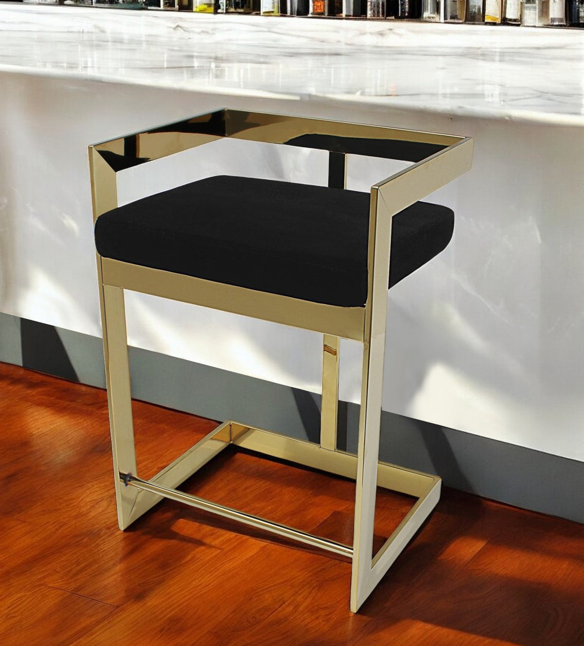 30'' Black and Gold Velvet and Stainless Steel Low Back Bar Height Bar Chair