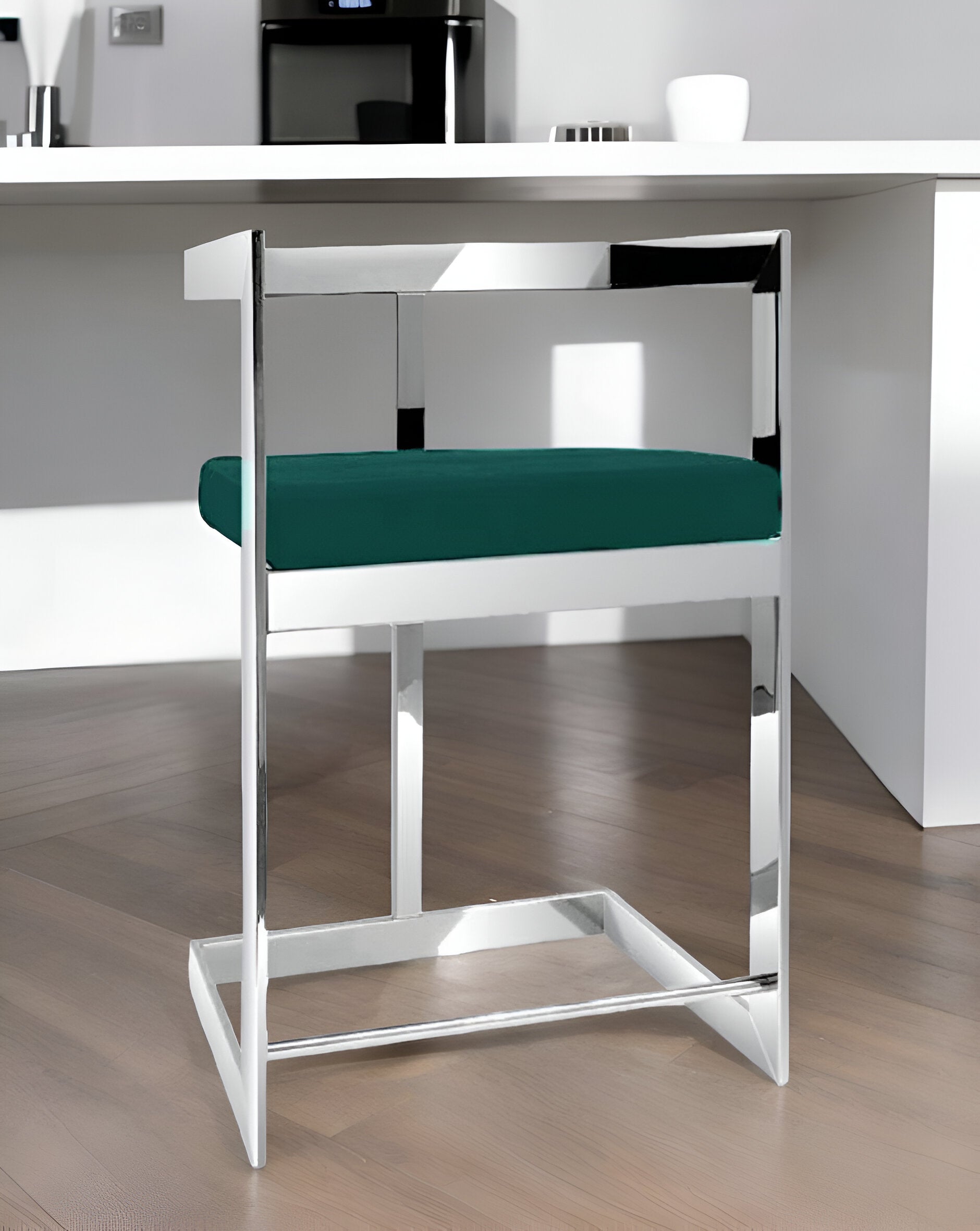 26'' Green and Silver Velvet and Stainless Steel Low Back Counter Height Bar Chair