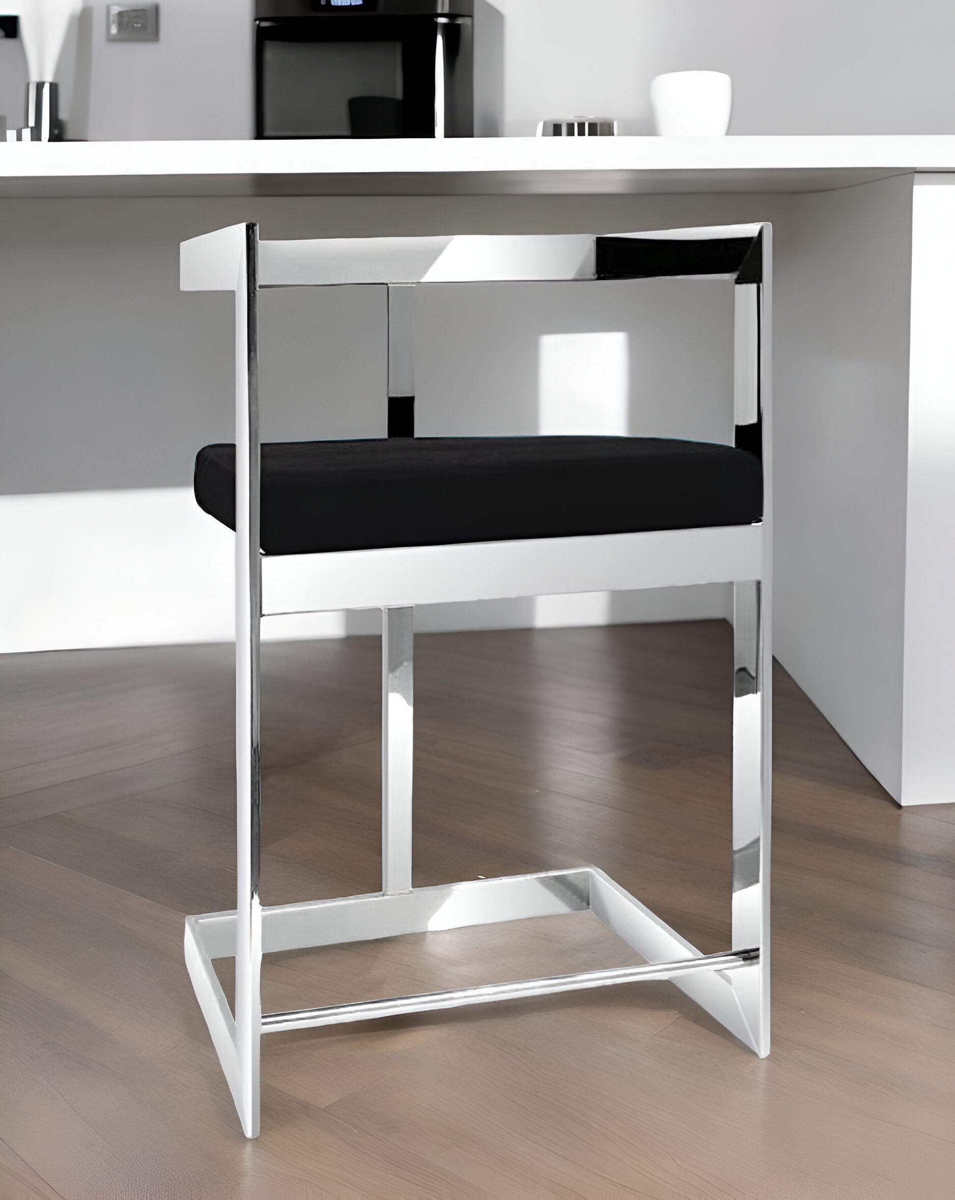 26'' Black and Silver Velvet and Stainless Steel Low Back Counter Height Bar Chair