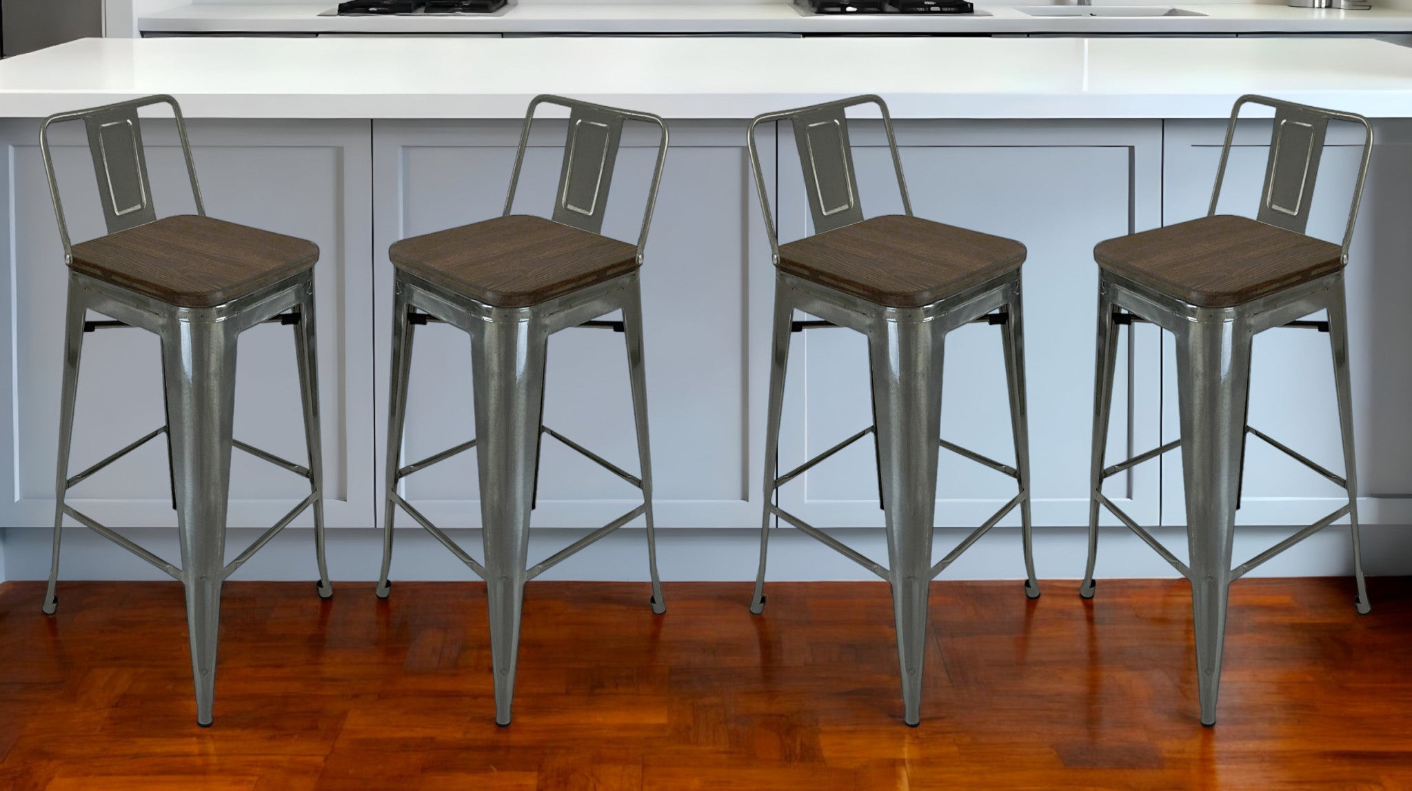 Set of Four 30'' Brown and Gray Solid Wood and Metal Low Back Bar Height Bar Chairs
