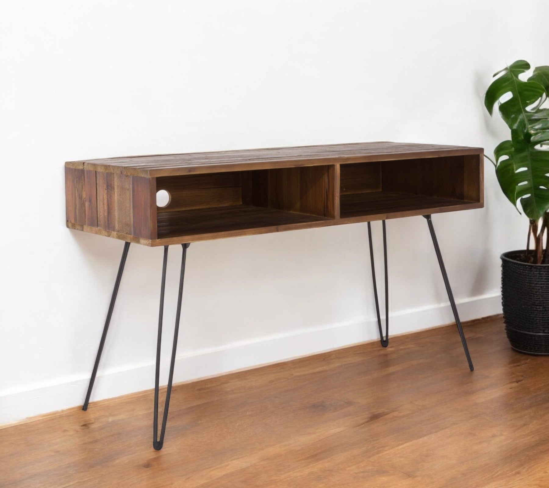 48'' Black And Brown Metal And Reclaimed Wood Open Shelving TV Stand