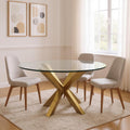 54 Clear and Gold Glass and Metal Cross Leg Base Round Top Dining Table