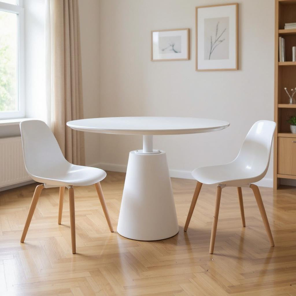 42 White Wood and Metal Pedestal Base Round Top Dining Table