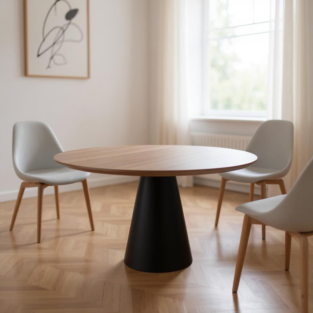48 Brown and Black Wood and Metal Pedestal Base Round Top Dining Table