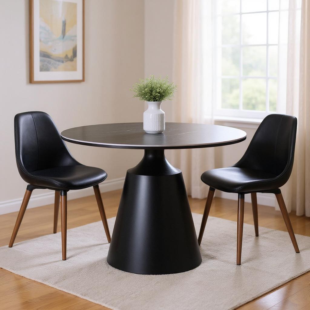 47 Black Ceramic and Metal Pedestal Base Round Top Dining Table