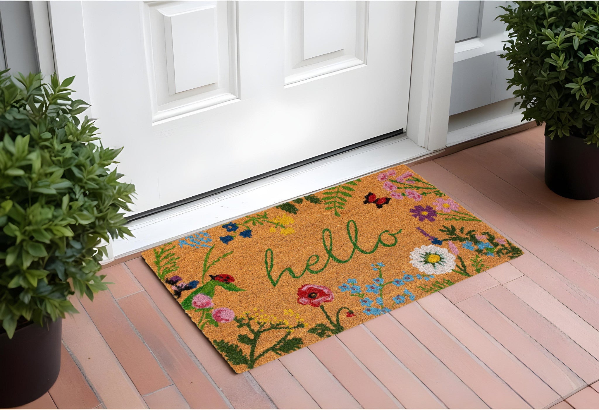 24 X 36 Natural and Green Coir Floral Hello Outdoor Door Mat