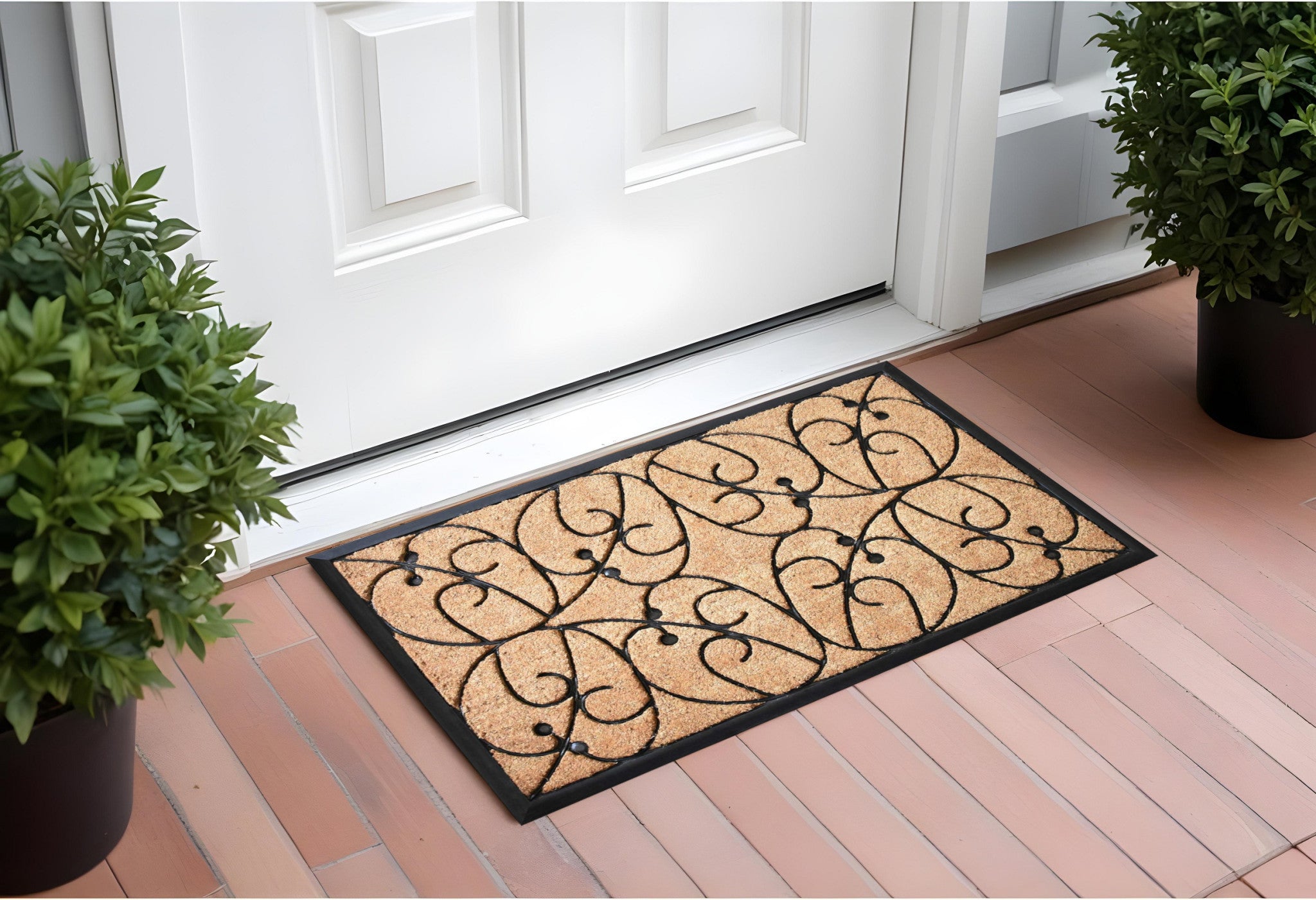 24 X 36 Natural and Black Coir Botanical Leaves Outdoor Door Mat