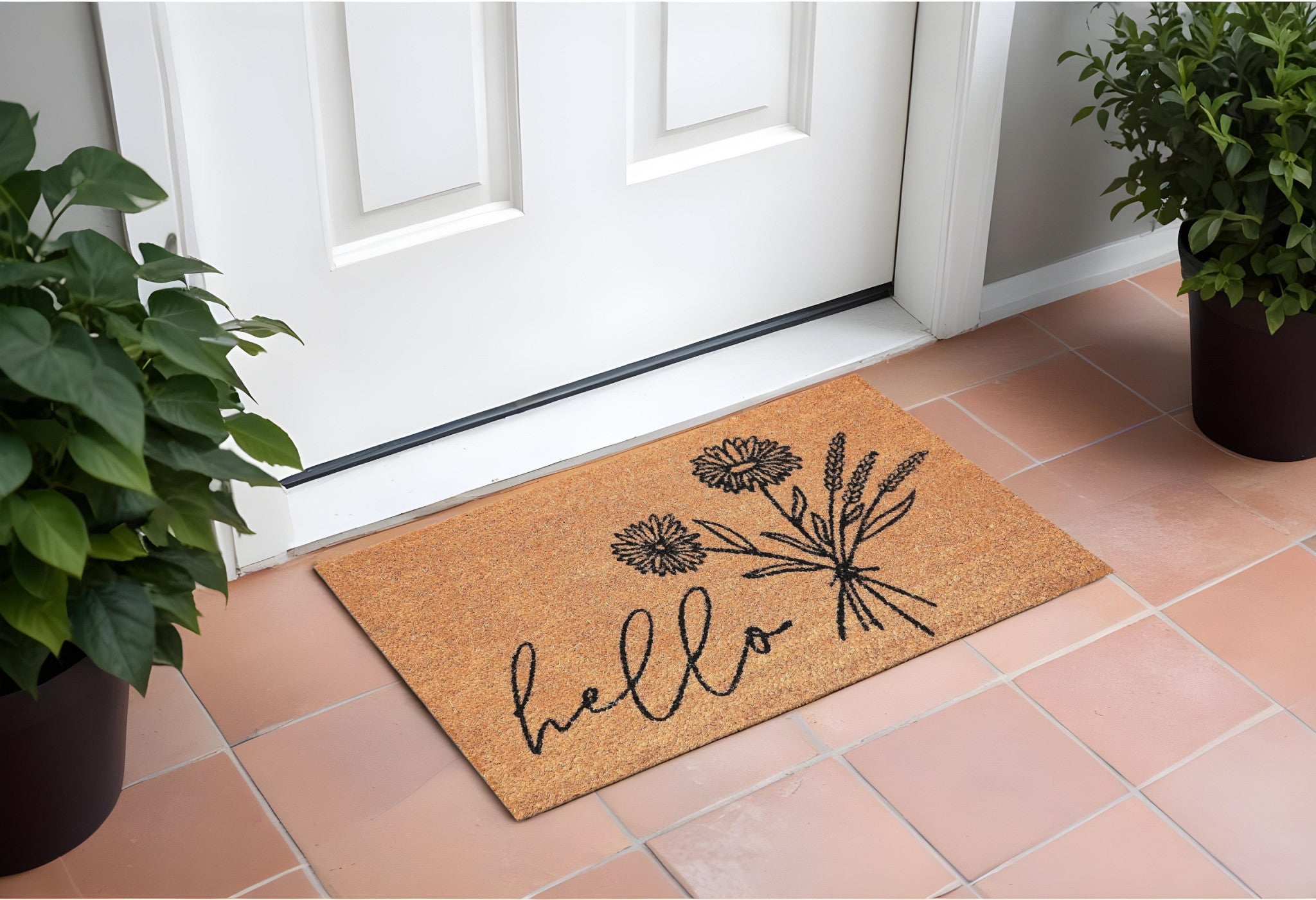 24 X 36 Natural and Black Coir Floral Hello Outdoor Door Mat