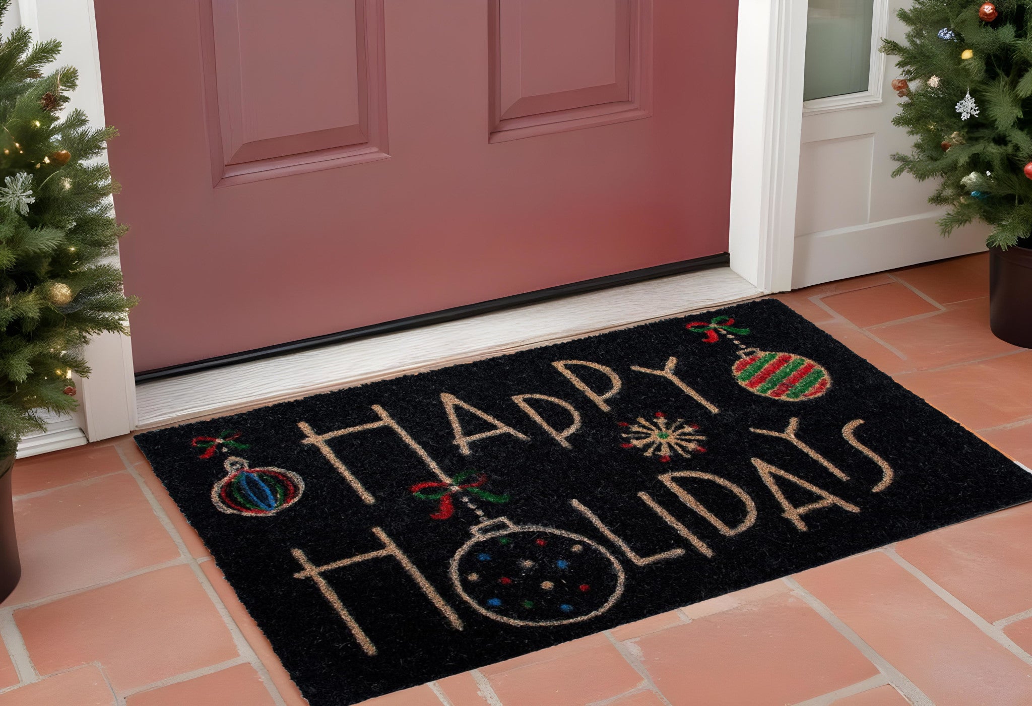 24 X 36 Black and Natural Coir Happy Holidays Outdoor Christmas Door Mat