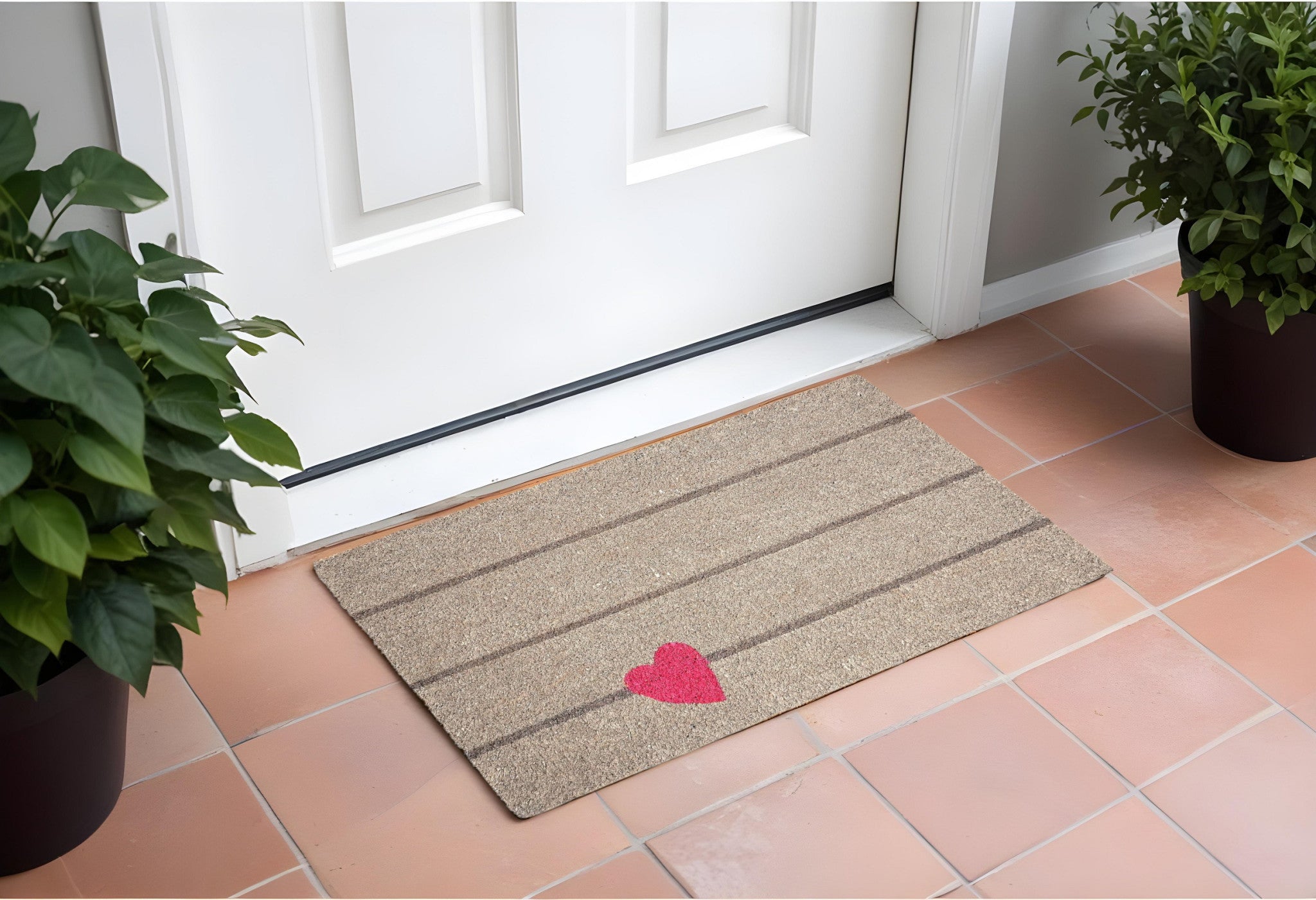 17'' X 29'' Gray and Pink Coir Heart and Stripe Outdoor Door Mat