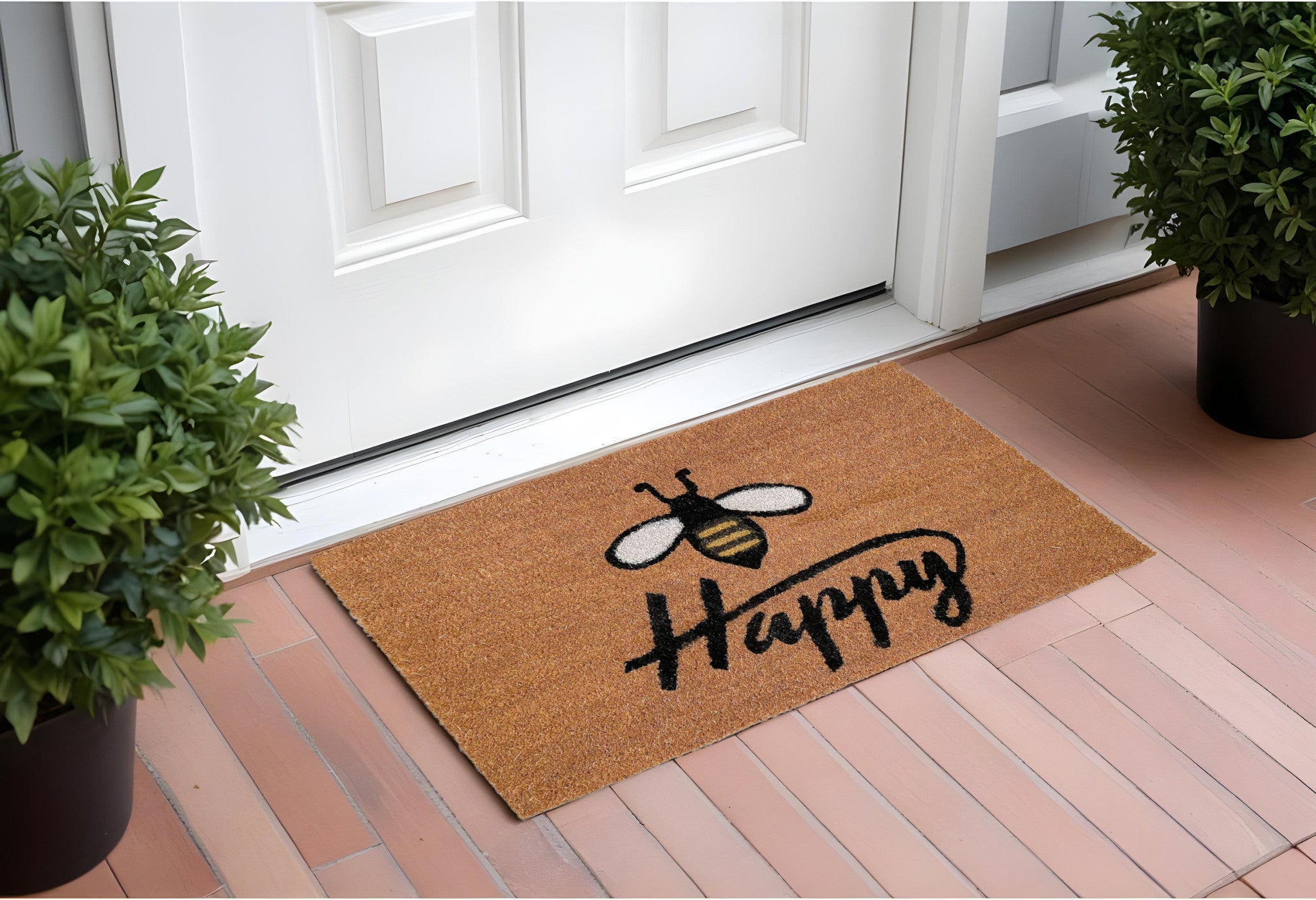 24 X 36 Natural and Black Coir Bumblee Bee Happy Outdoor Door Mat