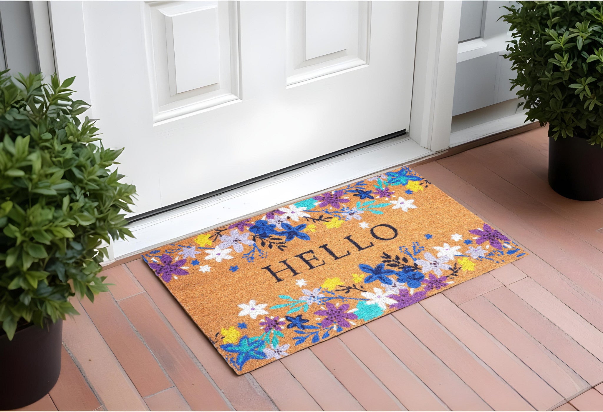24 X 36 Natural Blue and Purple Coir Floral Hello Outdoor Door Mat