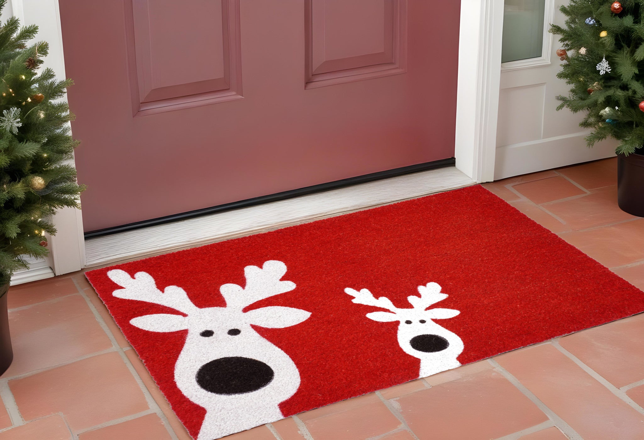 17'' X 29'' Red and White Coir Reindeer Outdoor Christmas Door Mat