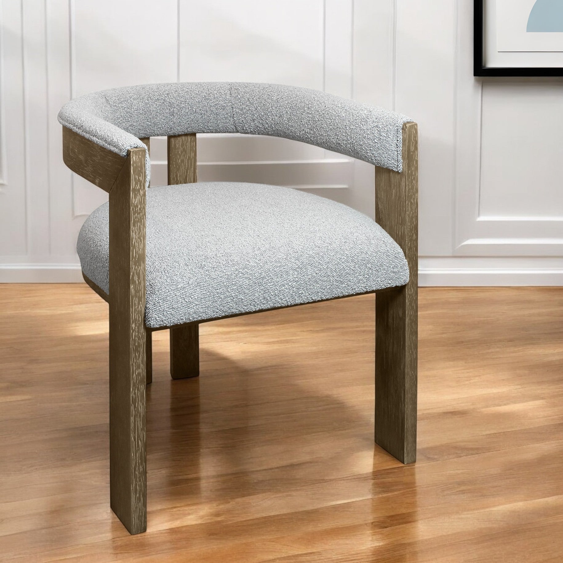 Gray and Brown Upholstered Boucle Open Back Dining Arm Chair