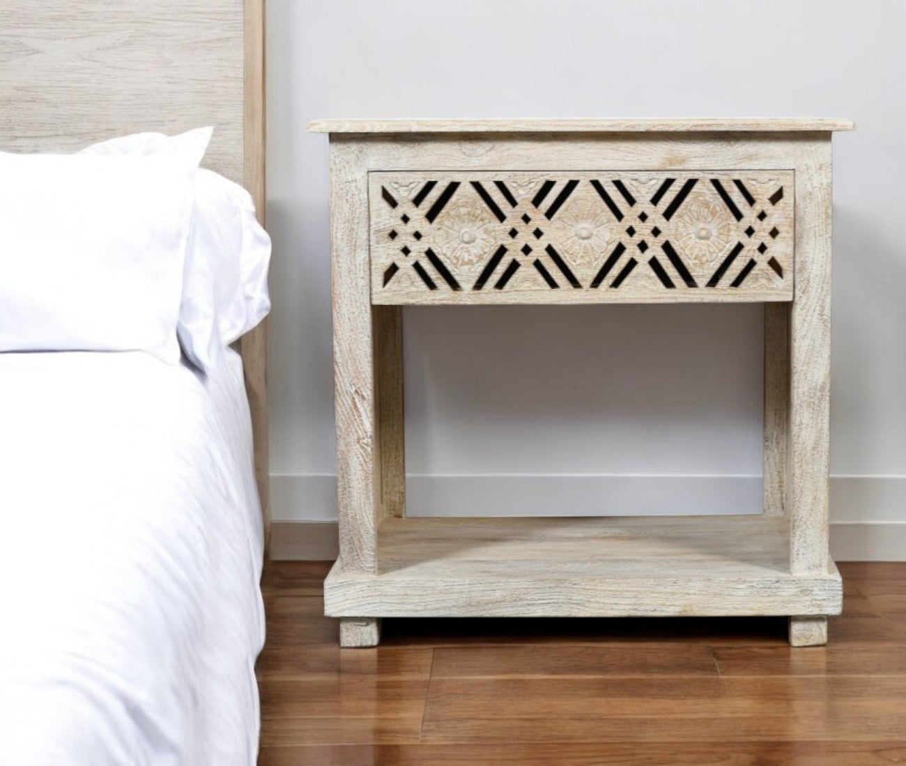 28'' White Solid Wood Distressed Carved Geometric One Drawer Nightstand