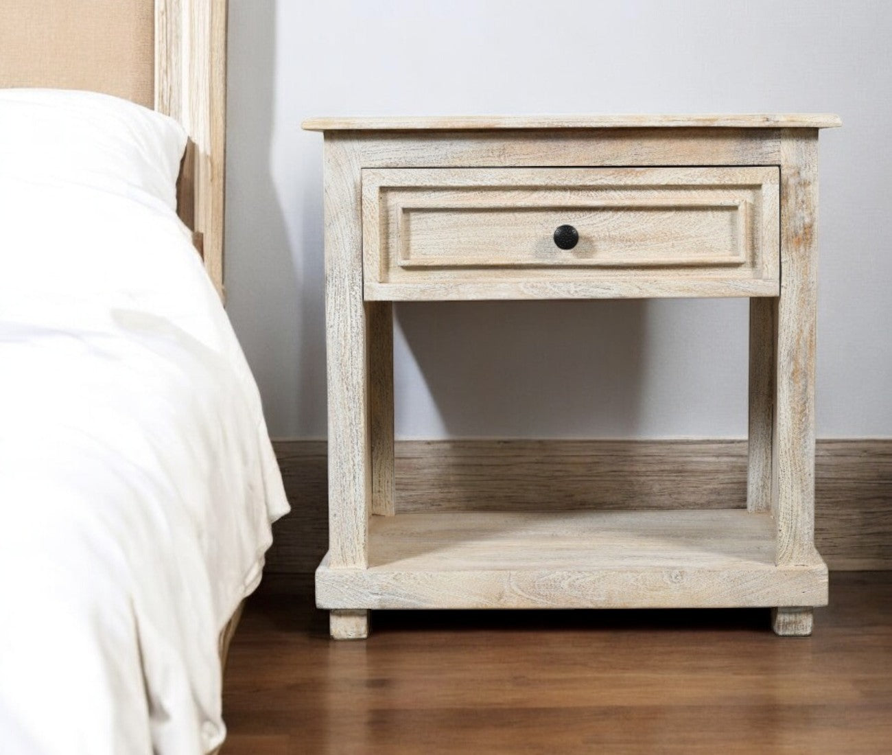28'' White Solid Wood Distressed One Drawer Nightstand
