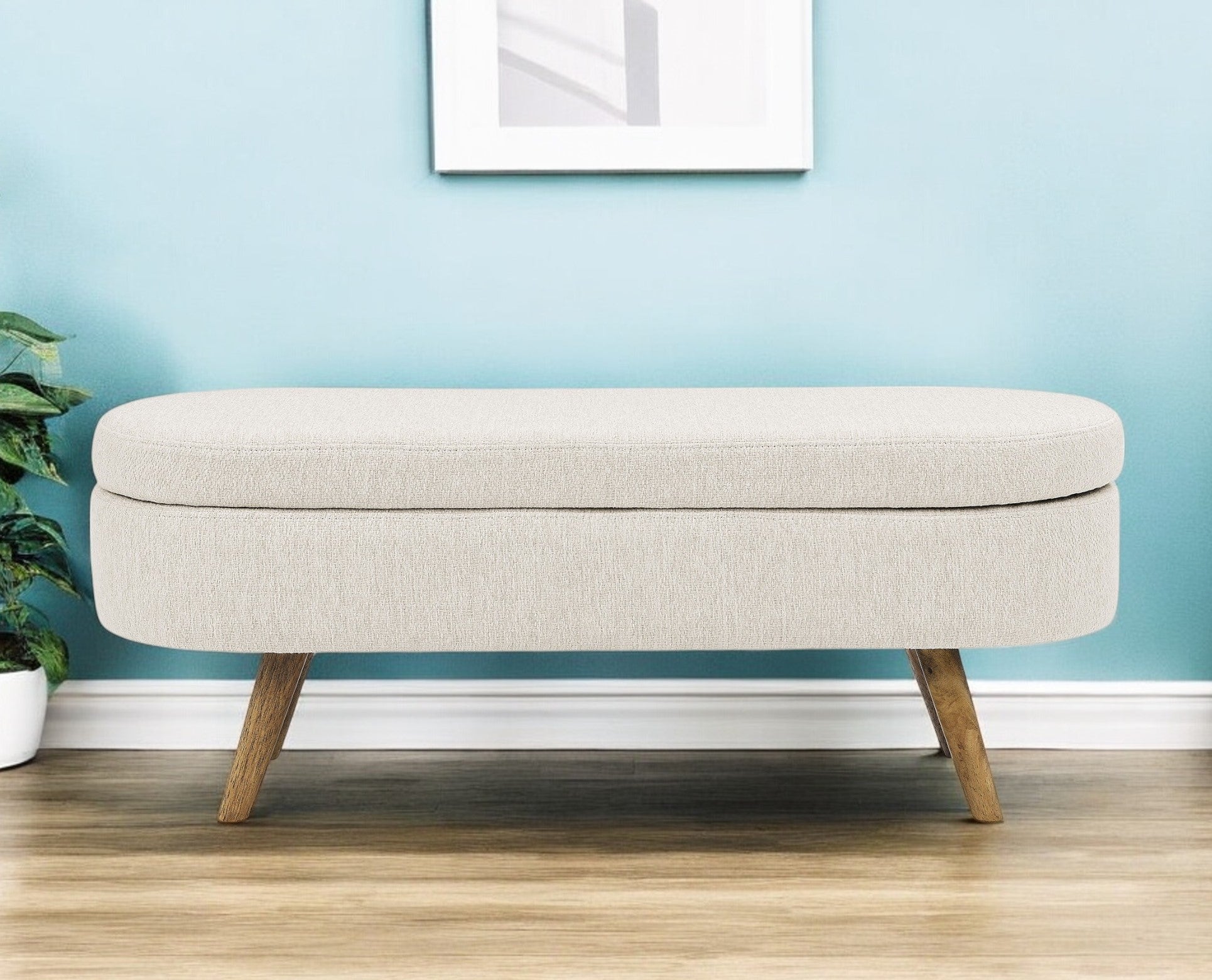 44'' Beige and Brown Linen Upholstered Storage Bench with Flip Top