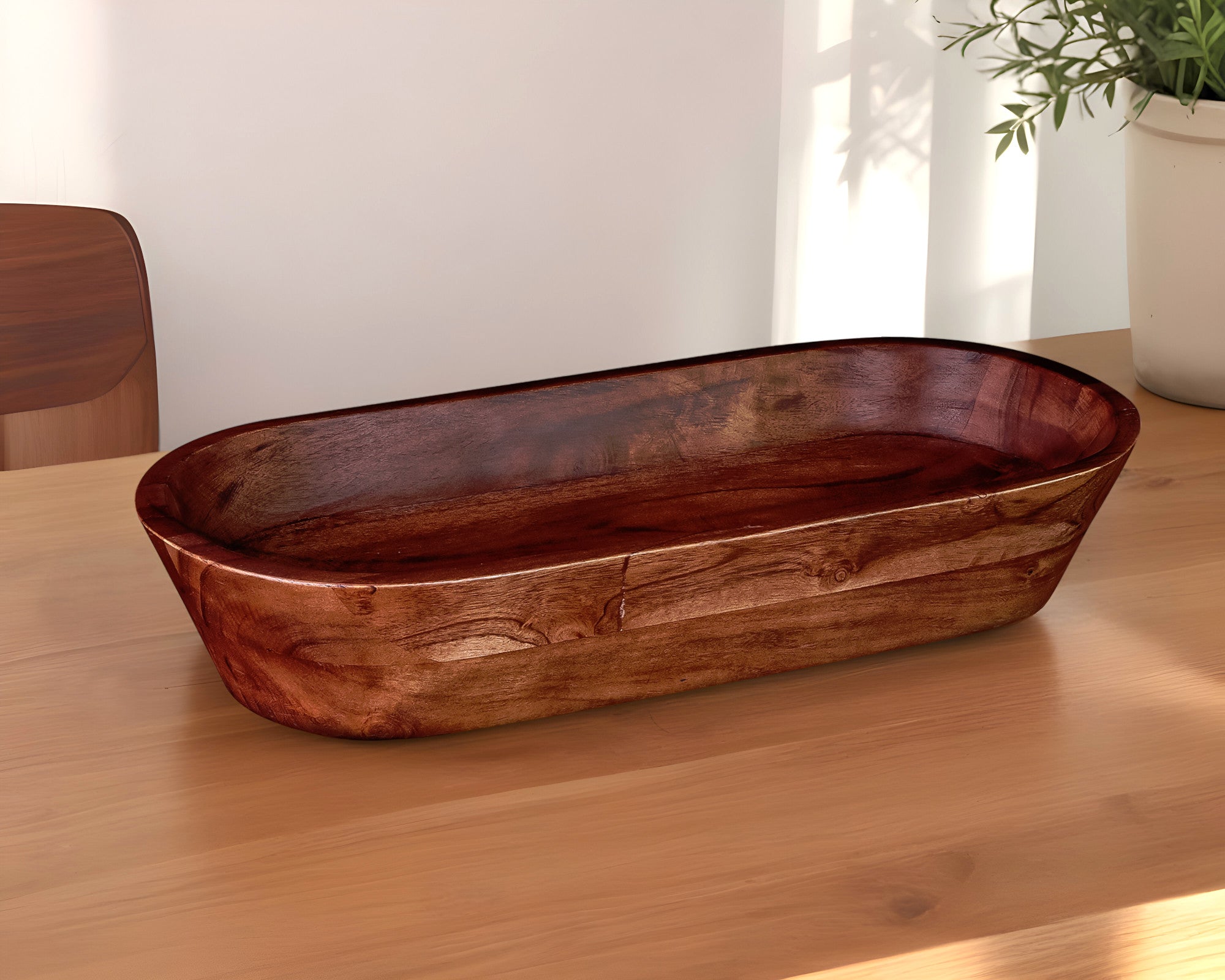 17'' Dark Brown Acacia Wood Oval Centerpiece Dough Bowl