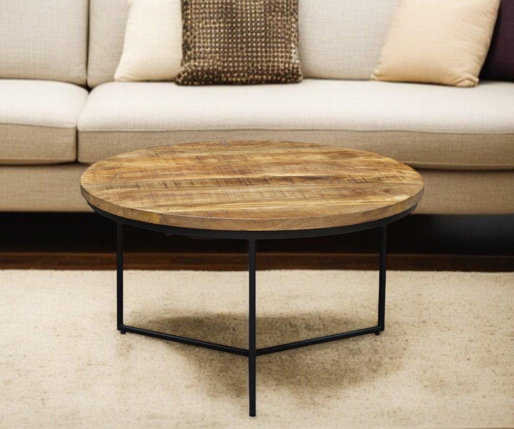 32'' Natural and Black Solid Wood And Iron Round Distressed Cross Legs Coffee Table