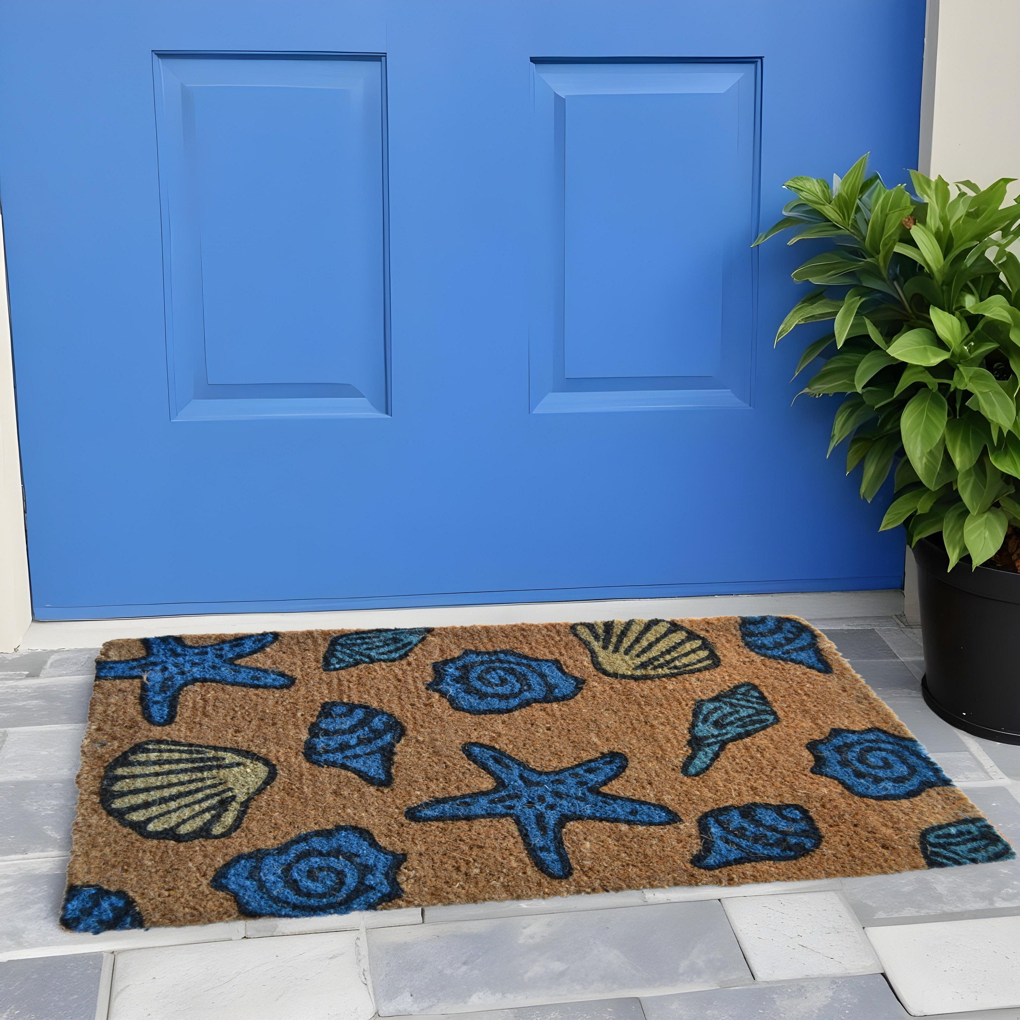 18'' X 30'' Blue and Brown Coir Seashells Outdoor Door Mat