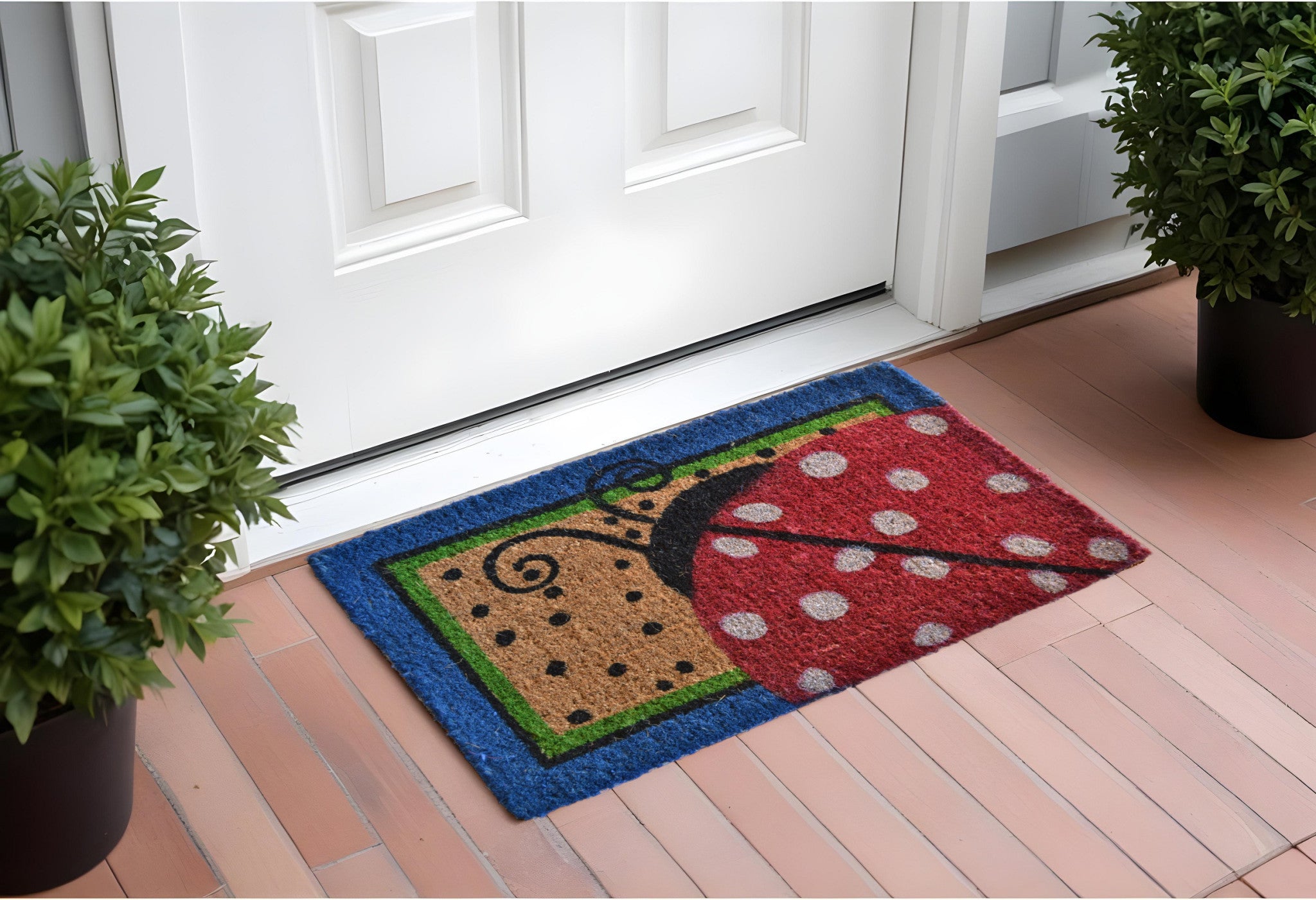 18'' X 30'' Blue and Brown Coir Ladybug Outdoor Door Mat