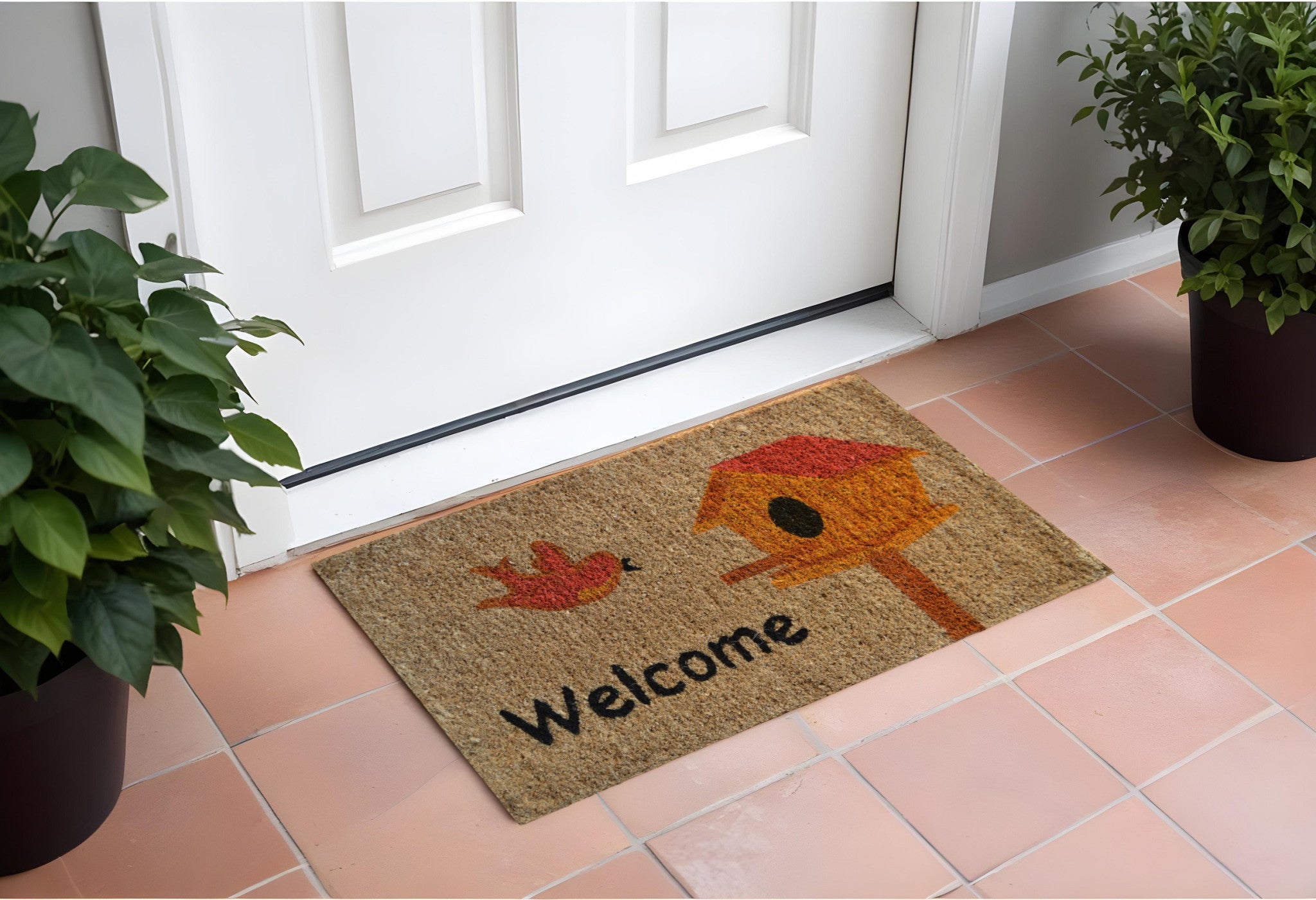 18'' X 30'' Beige and Black Coir Bird Welcome Outdoor Door Mat