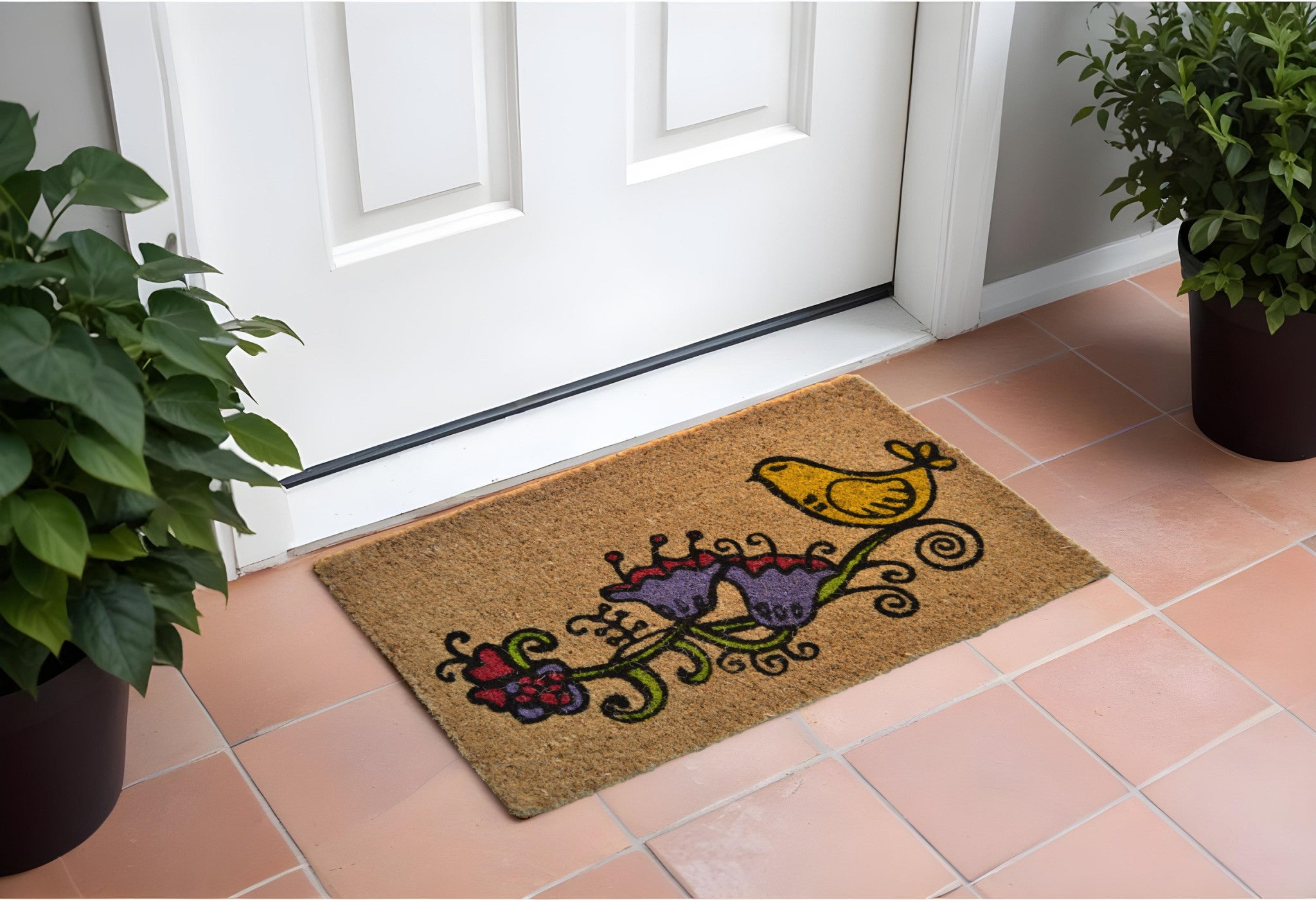 18'' X 30'' Brown and Black Coir Floral Outdoor Door Mat