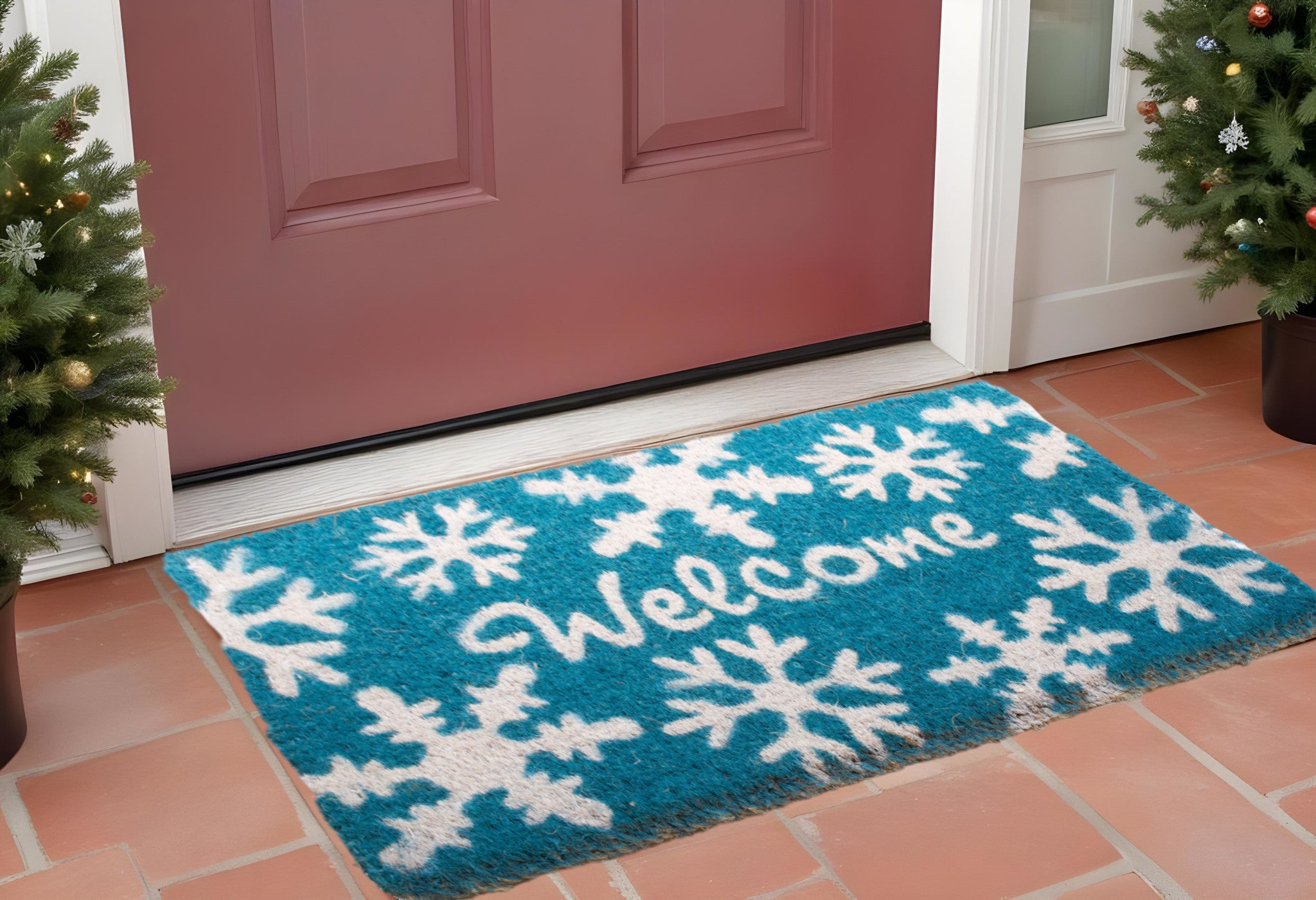 18'' X 30'' Aqua Blue and White Coir Snowflake Welcome Outdoor Winter Door Mat