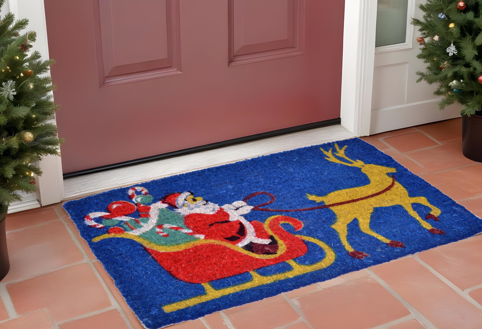 18'' X 30'' Blue and Yellow Coir Santa Claus Outdoor Holiday Door Mat
