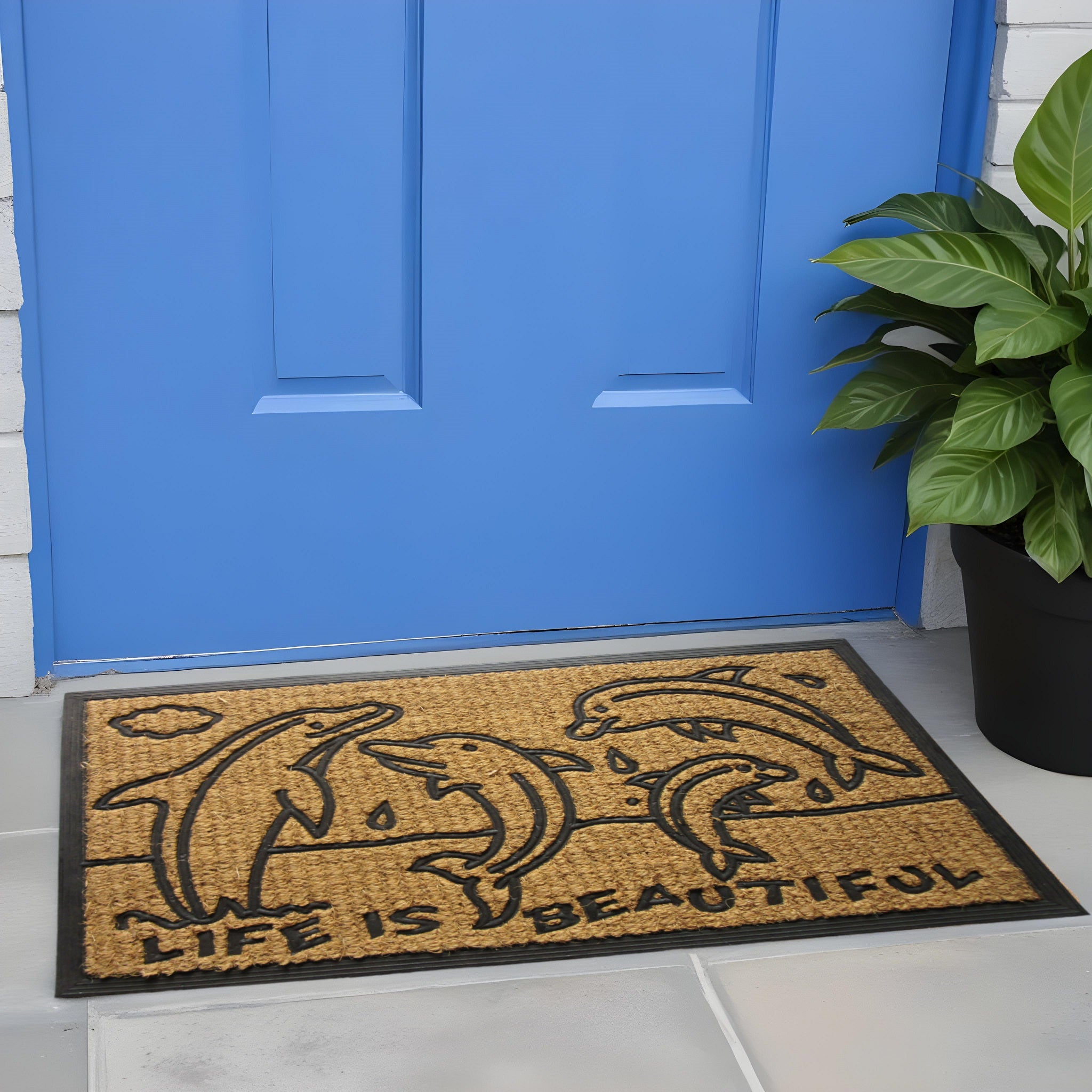 18'' X 30'' Brown and Black Rubber And Coir Dolphin Life is Beautiful Outdoor Door Mat