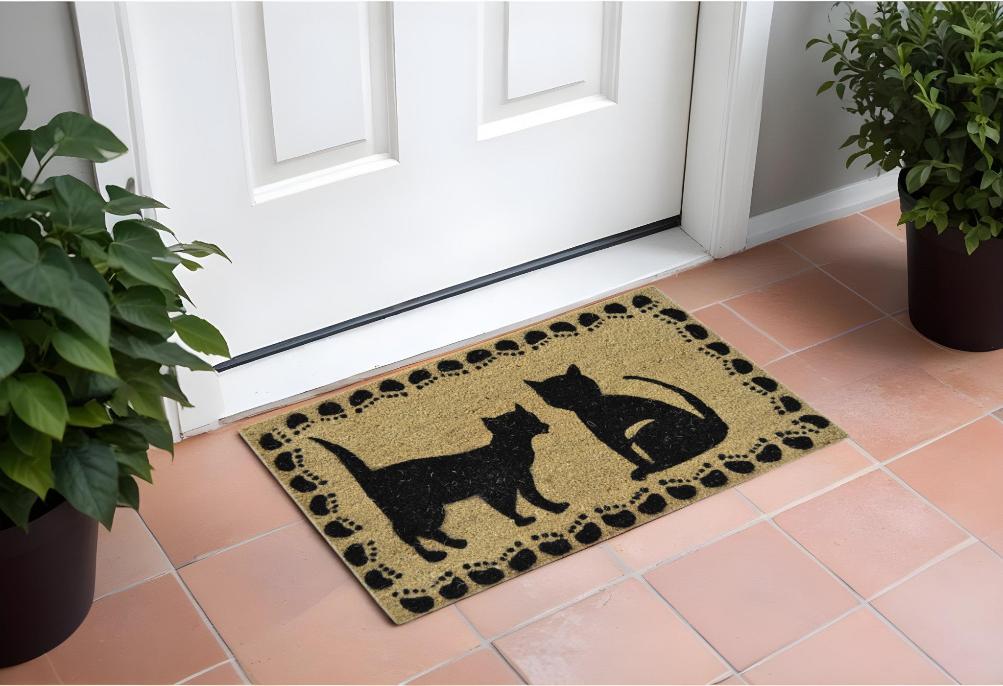 18'' X 30'' Beige and Black Coir Cat Outdoor Door Mat