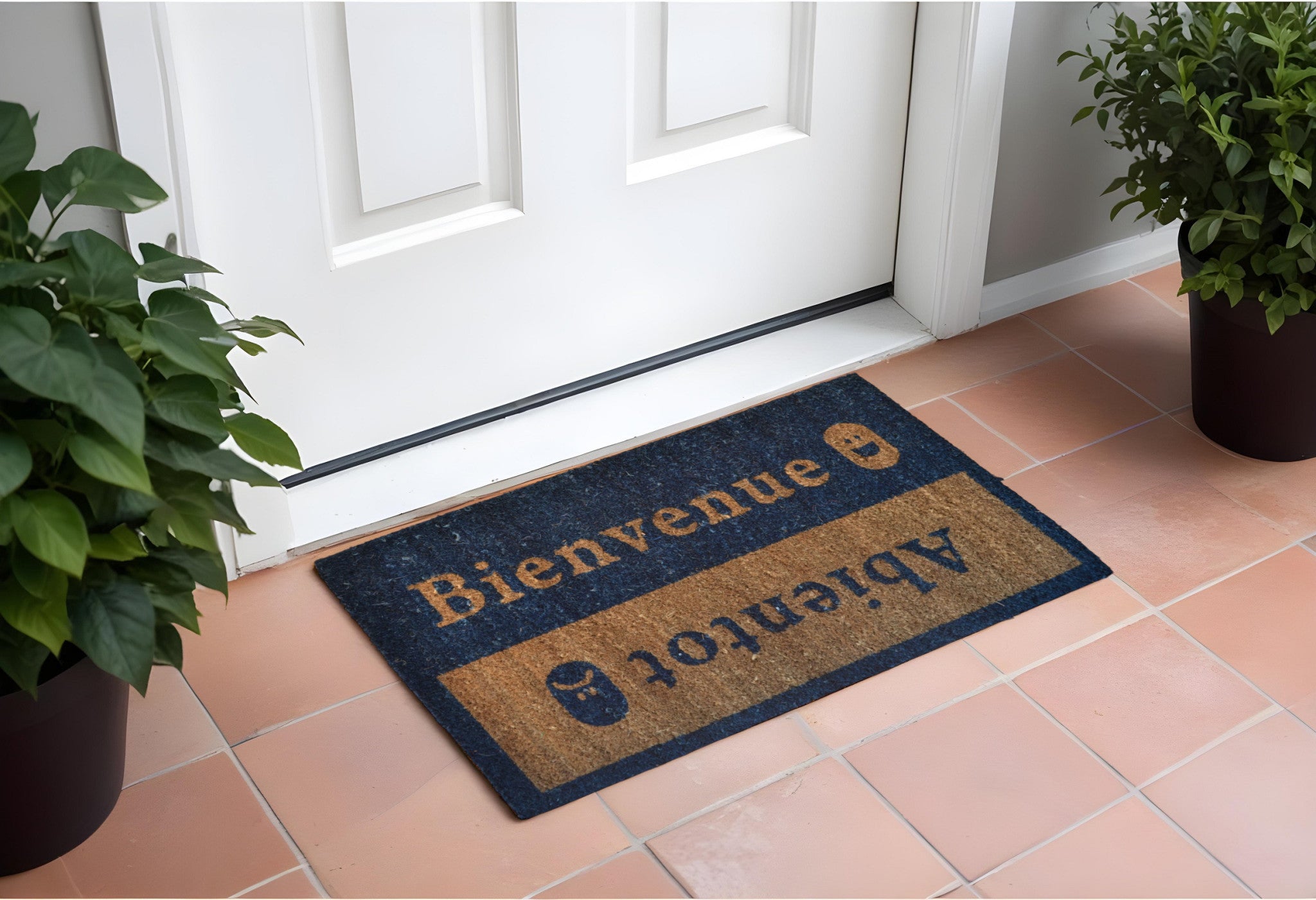 18'' X 30'' Brown and Blue Coir Bienvenue Abientot Outdoor Door Mat