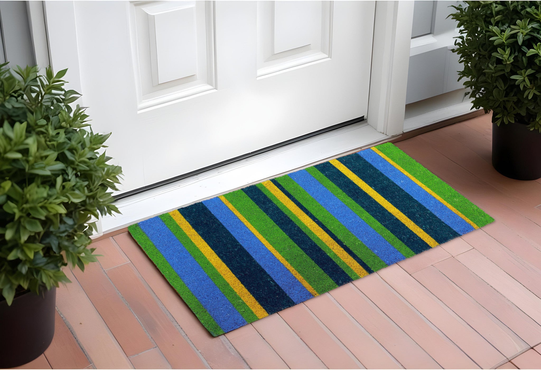 18'' X 48'' Green and Black Coir Striped Outdoor Door Mat