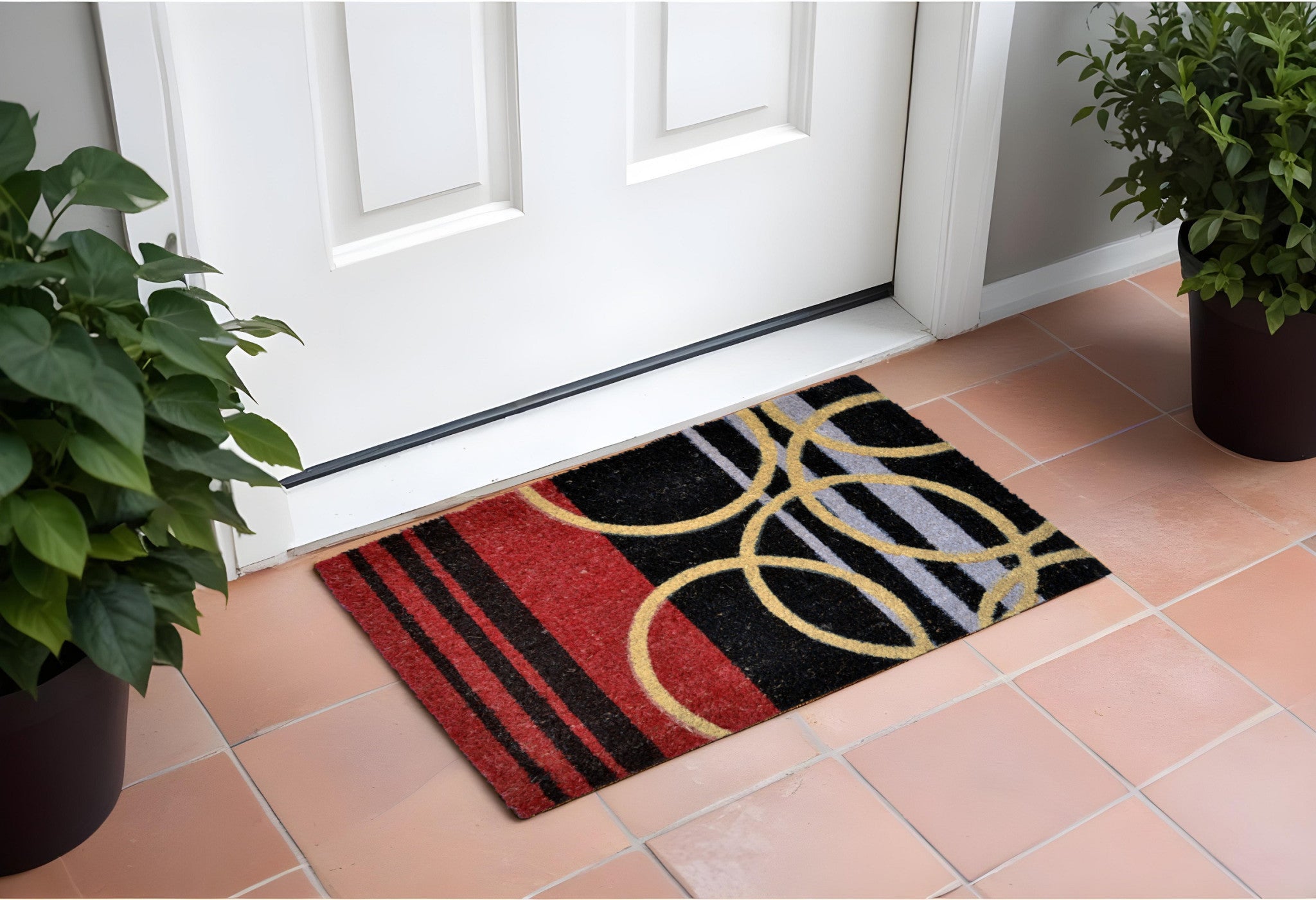 18'' X 30'' Black and Red Coir Striped Outdoor Door Mat