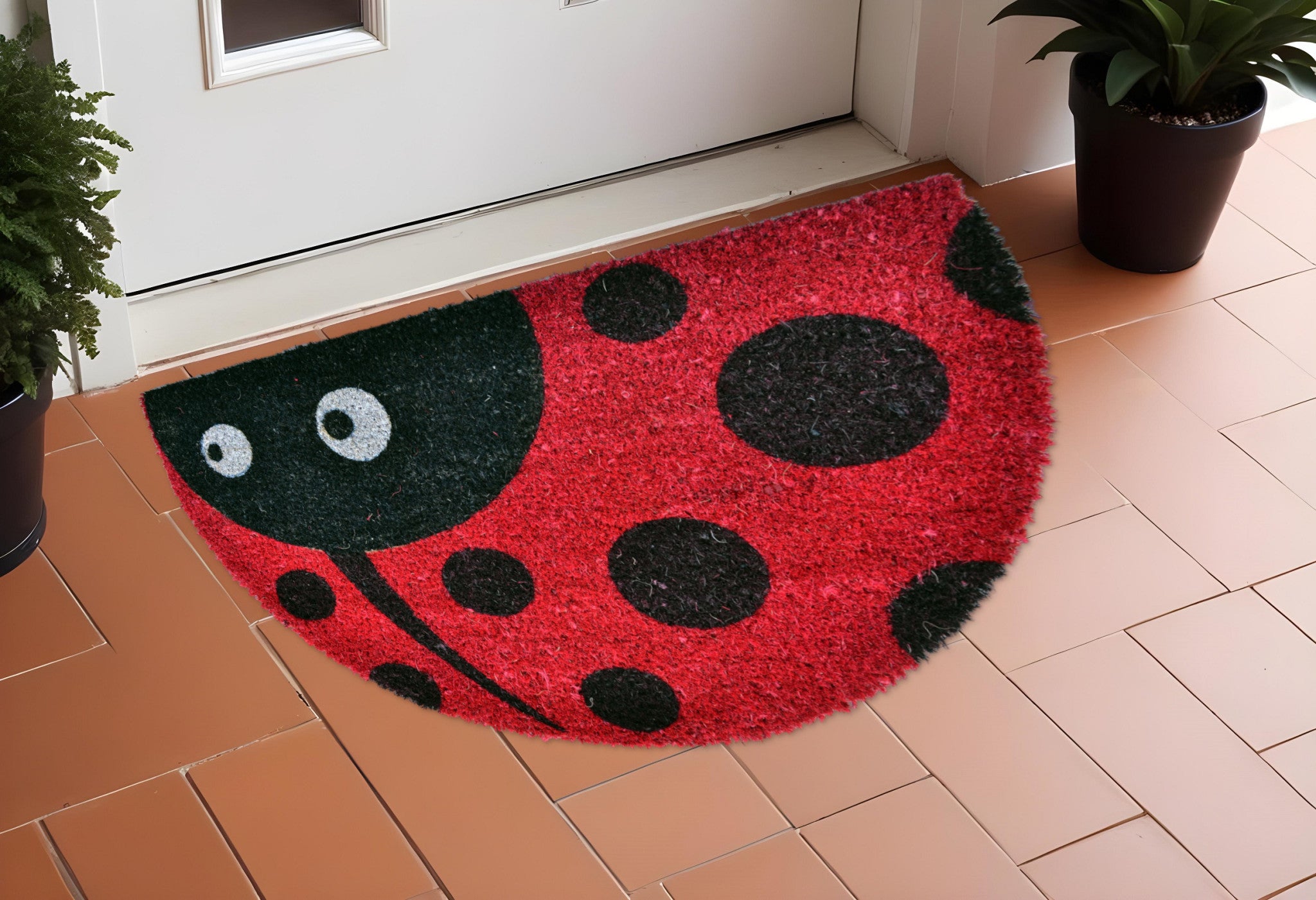 18'' X 30'' Black and Red Coir Ladybug Outdoor Semi Circle Door Mat